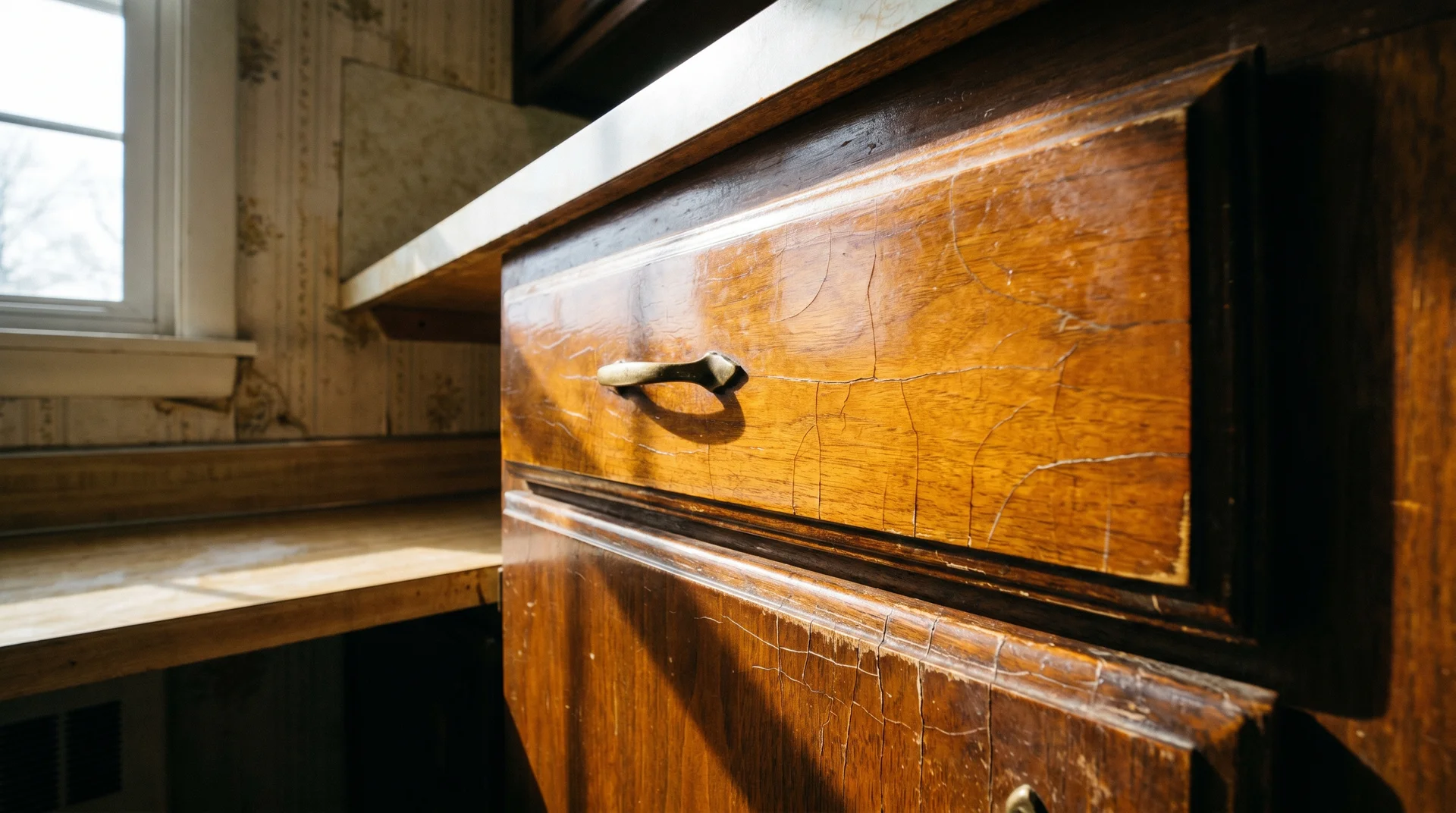 Aged lacquer finish on a dark wood cabinet door showing high gloss and fine edge crazing from decades of use