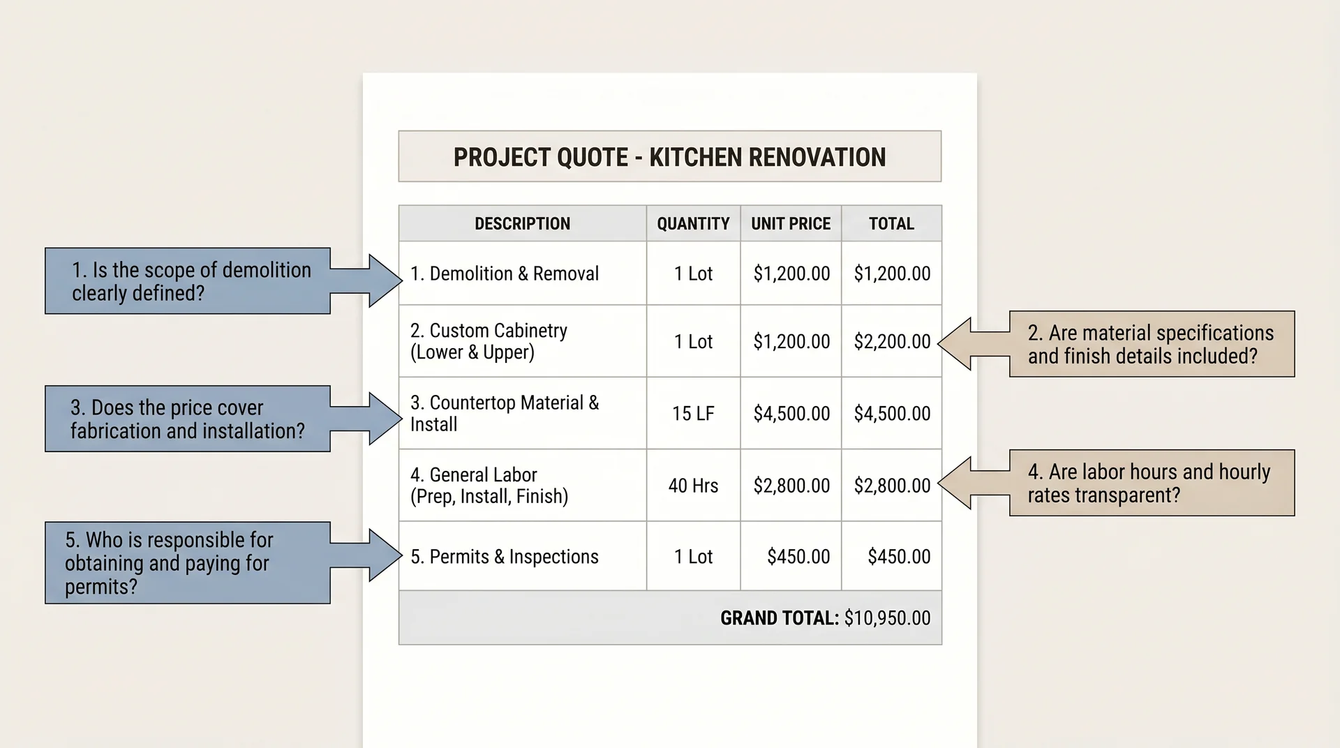 Annotated contractor quote showing five key line items to verify before signing a kitchen remodel contract