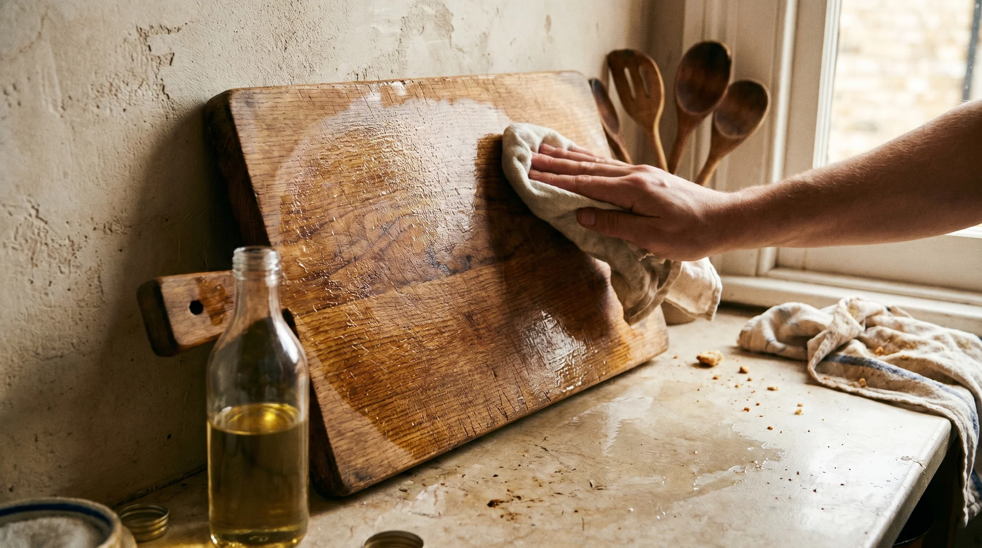 Applying food-grade mineral oil to all surfaces of a wood cutting board, including the underside