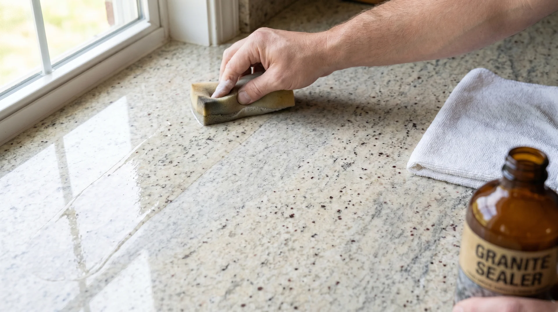 Applying granite sealer to countertop with foam applicator during DIY resealing