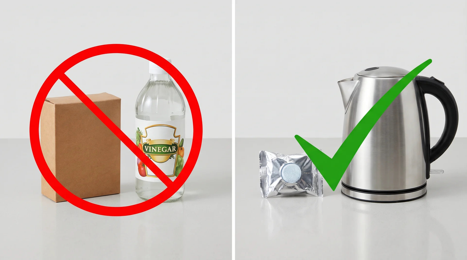 Baking soda and vinegar marked ineffective versus dishwasher cleaner tablet and hot water shown as correct alternatives
