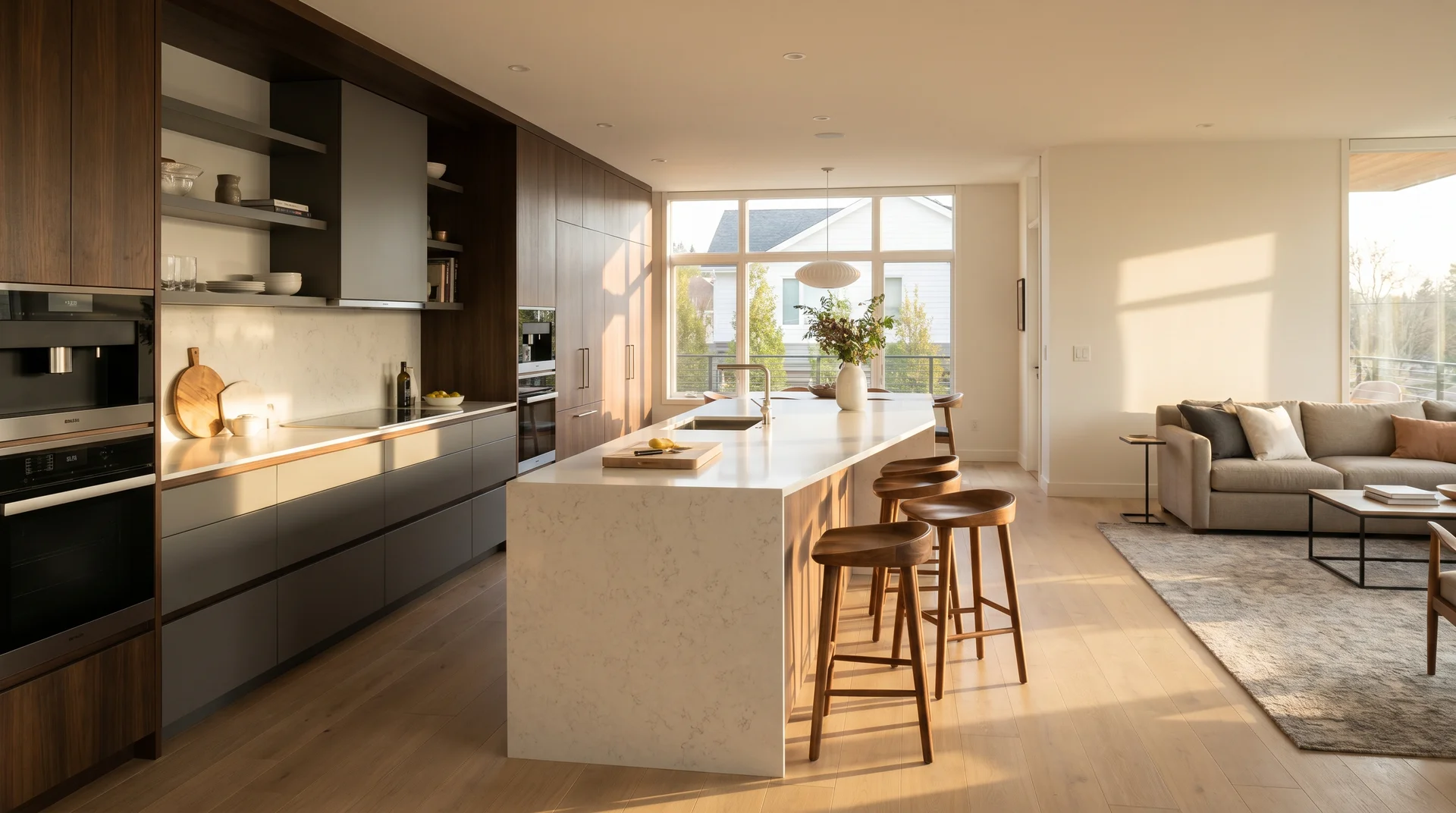 Balanced island placement in a one-wall open-plan kitchen