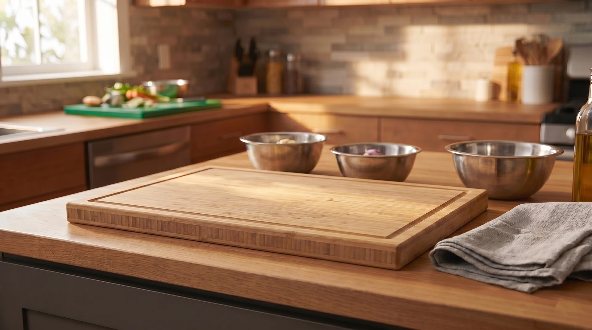 Bamboo cutting board used for vegetable preparation