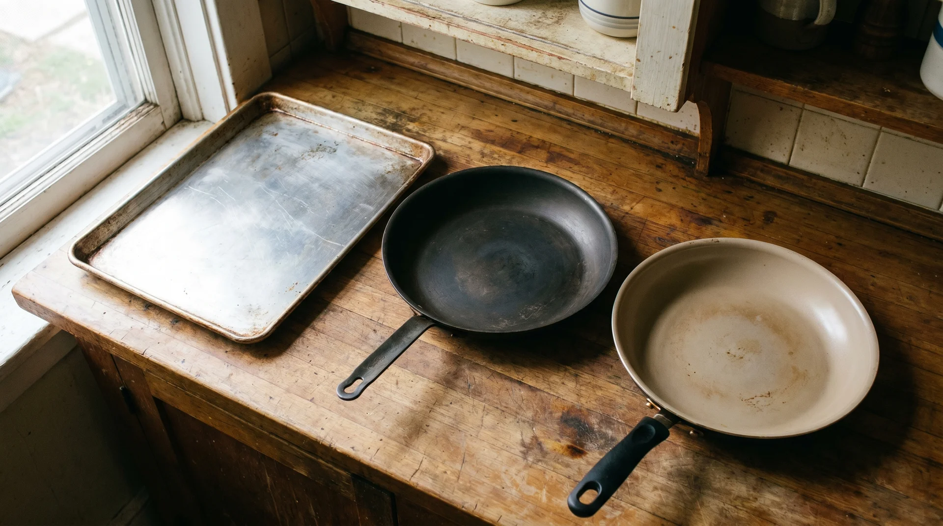 Bare aluminum, hard anodized, and nonstick pans on a kitchen counter