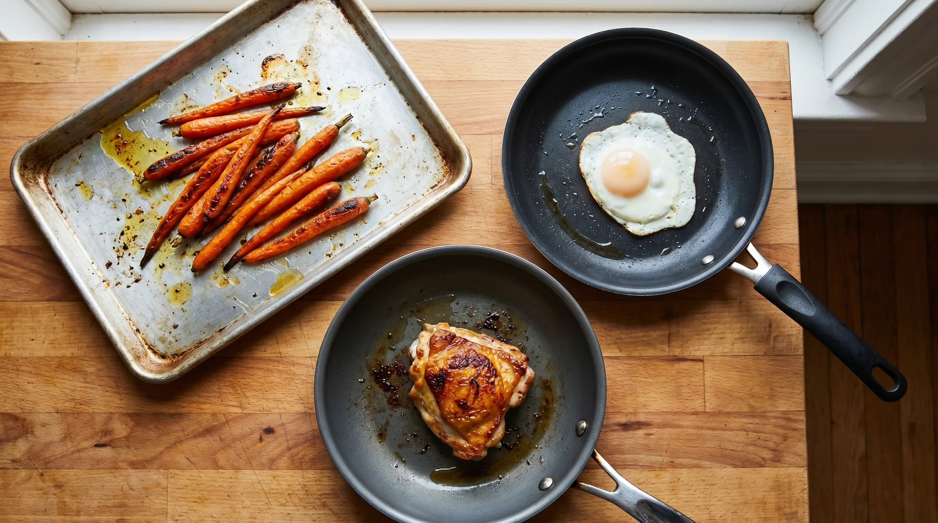 Bare aluminum pan with roasted vegetables, nonstick pan with egg, and hard anodized pan with seared chicken showing each pan's best use