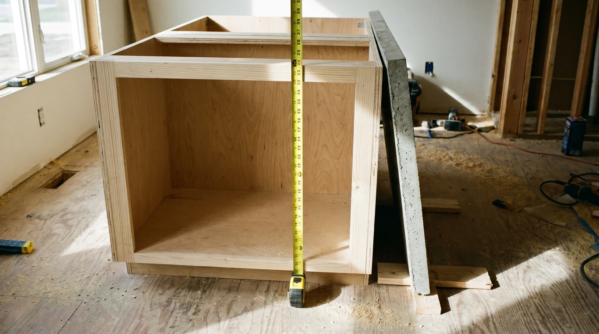 Base cabinet box measuring 34.5 inches without countertop, kitchen renovation
