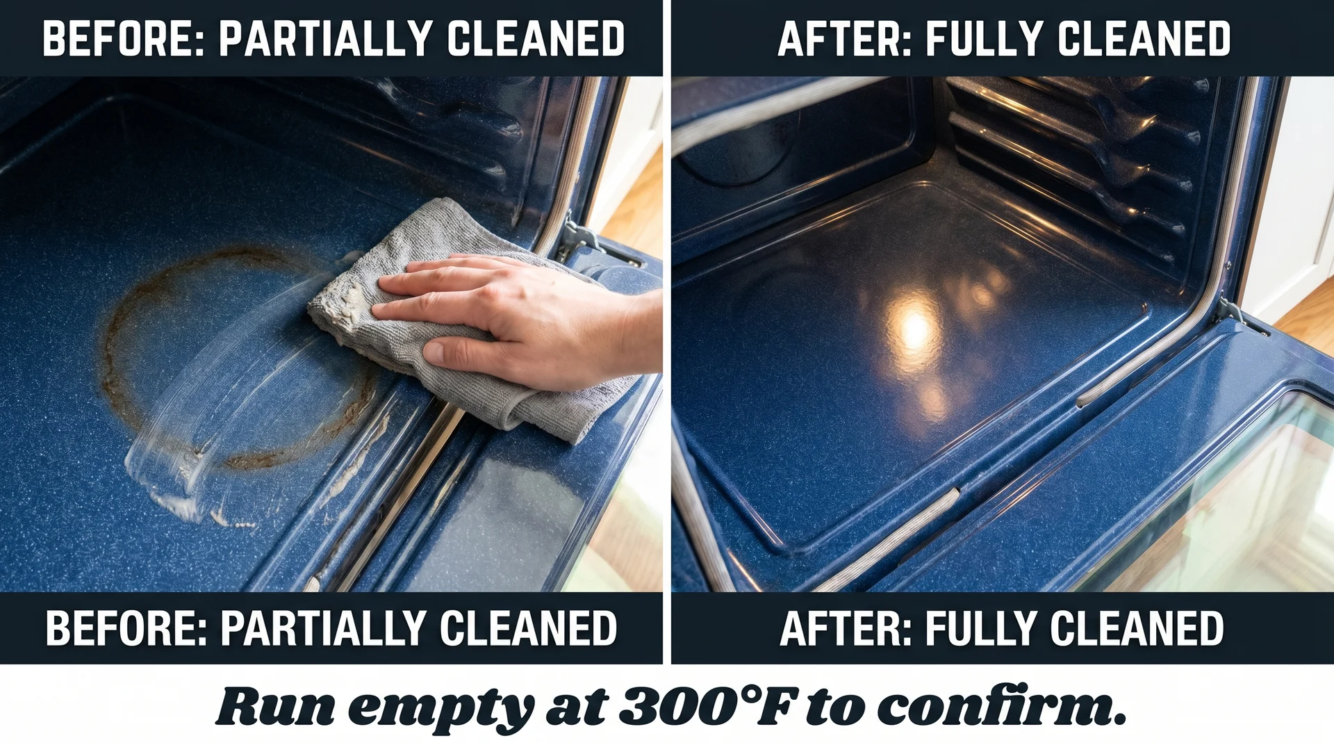 Before and after close-up of oven enamel floor after melted plastic removal — stained surface cleaned to uniform finish