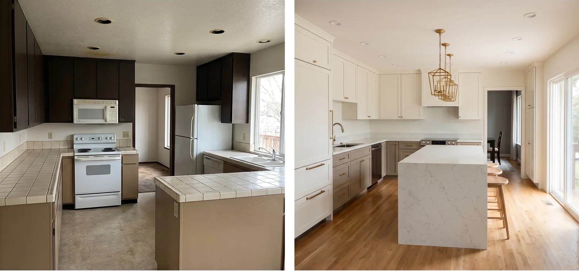 Before and after full kitchen replacement showing dark tile countertop replaced with quartz, custom two-tone cabinetry, and new island with hardwood flooring