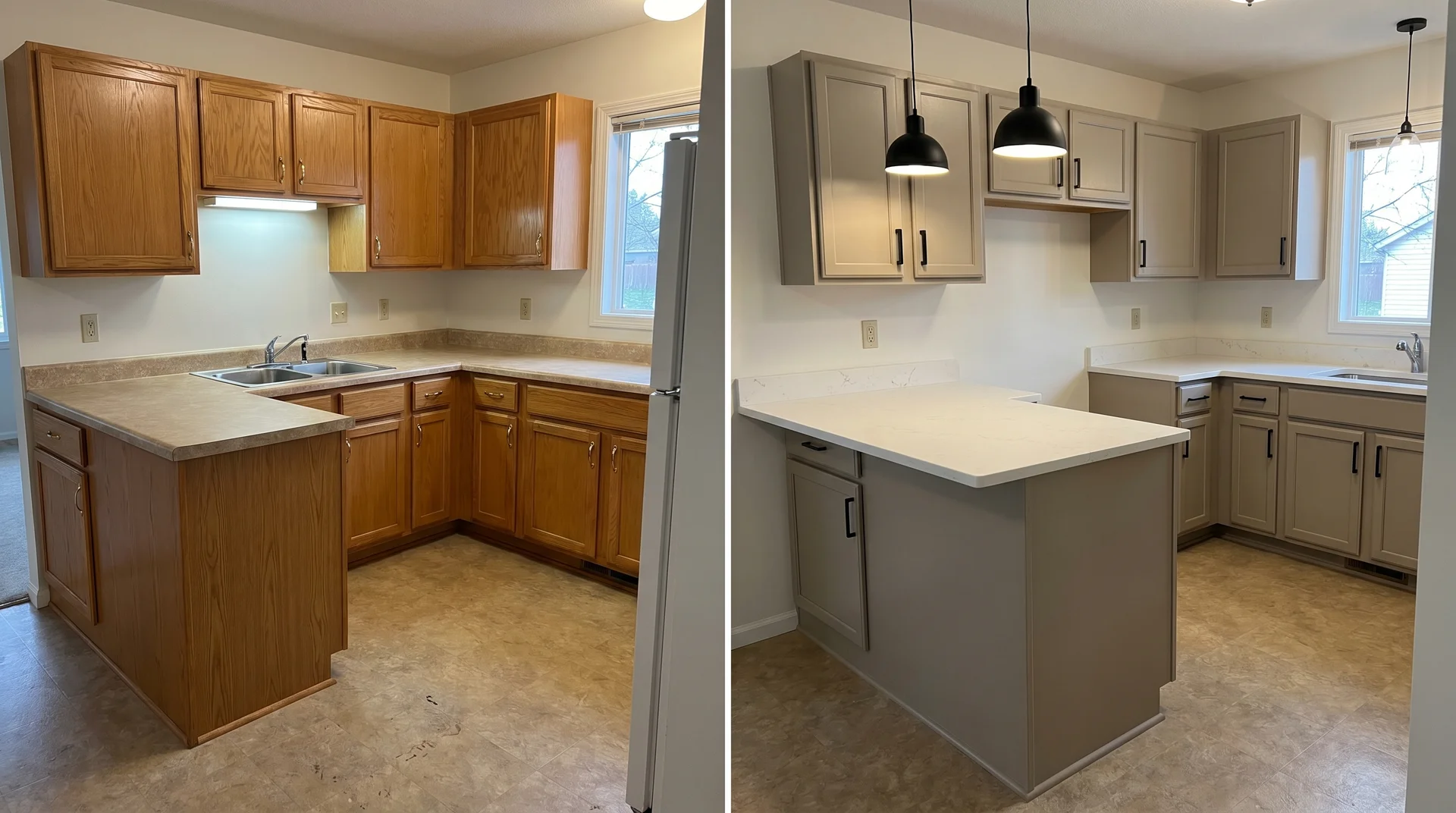 Before and after kitchen refresh showing oak cabinets painted greige with quartz countertop and pendant lighting replacing fluorescent strip
