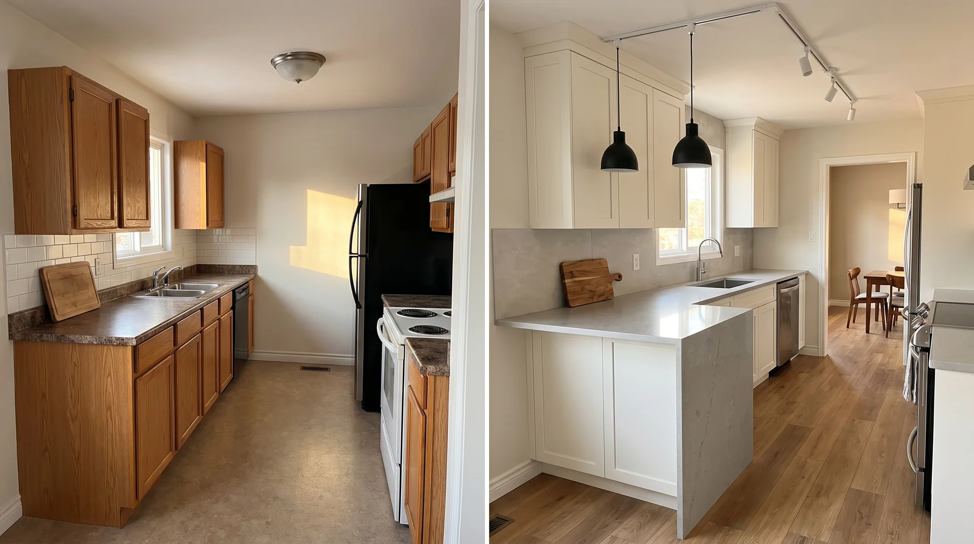Before and after mid-range kitchen remodel showing builder-grade cabinets replaced with Shaker cabinets, quartz countertop, and LVP flooring
