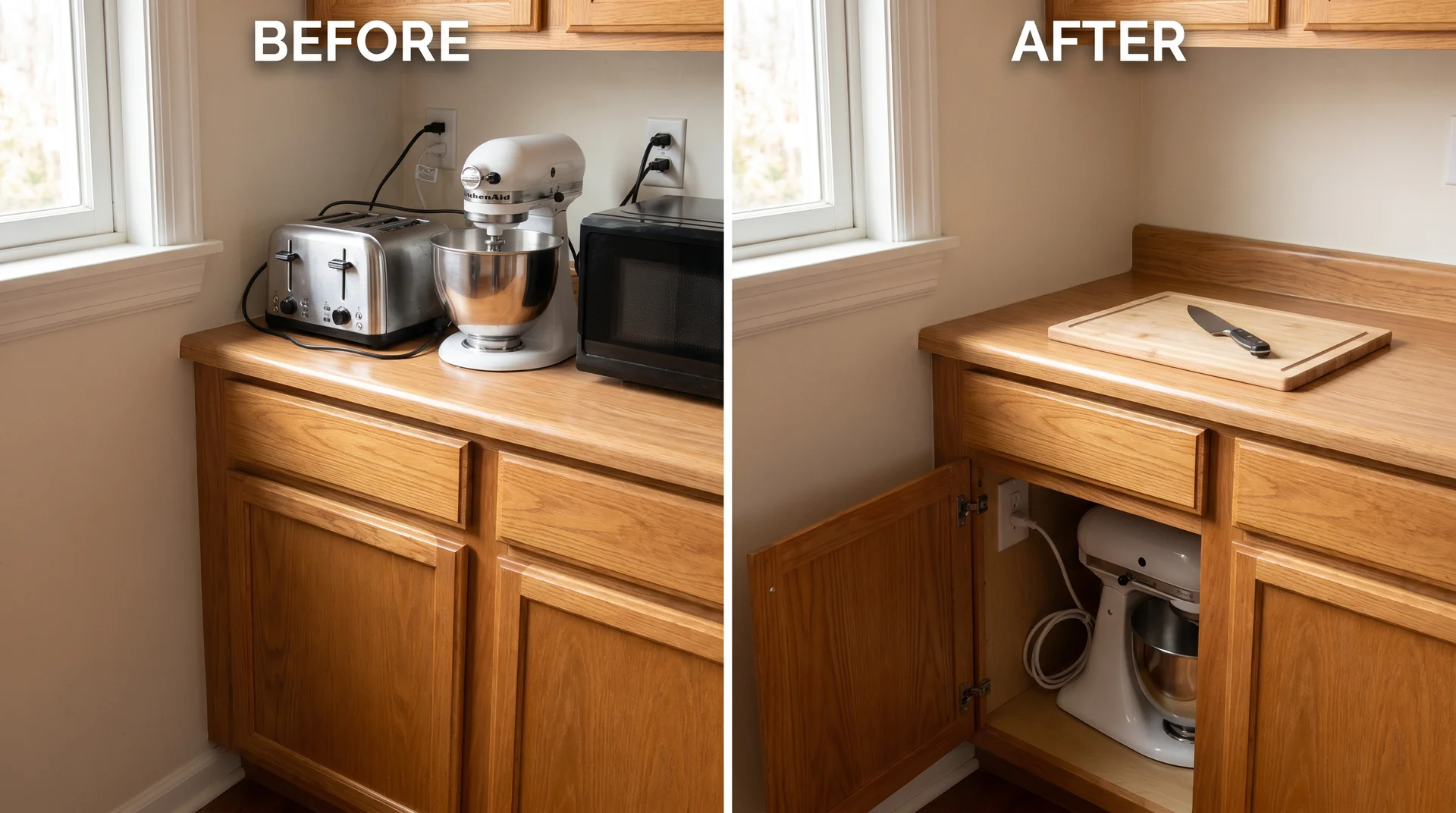 Before and after showing cluttered tiny kitchen counter versus clear counter with stand mixer stored in cabinet with interior outlet