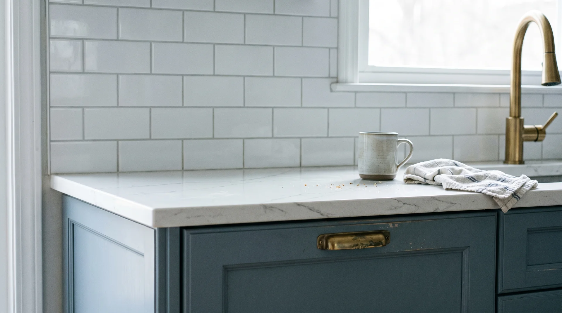 Blue-gray lower cabinet paired with white quartz countertop and cool white subway tile showing correct temperature coordination
