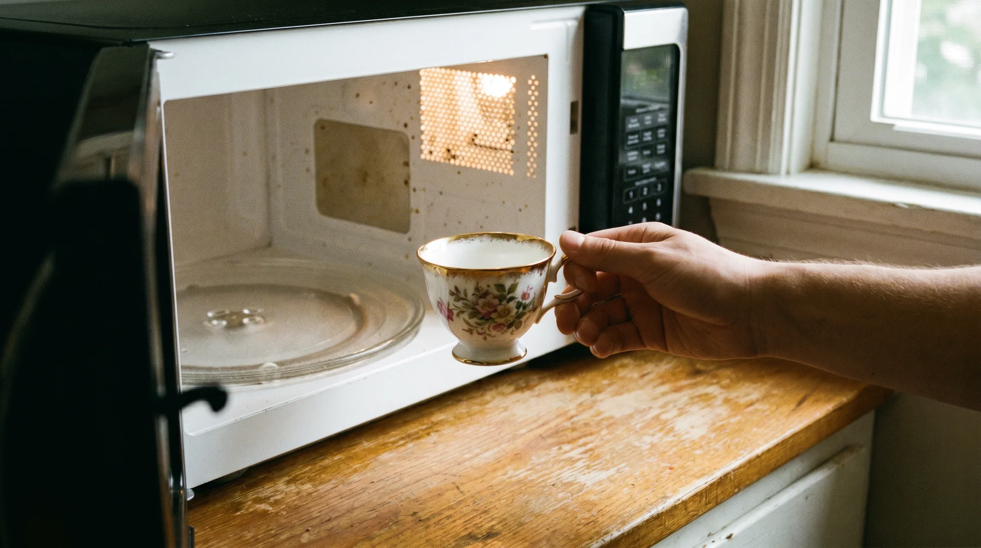 Bone china cup with gold rim held at open microwave door showing metallic trim that makes it unsafe to microwave