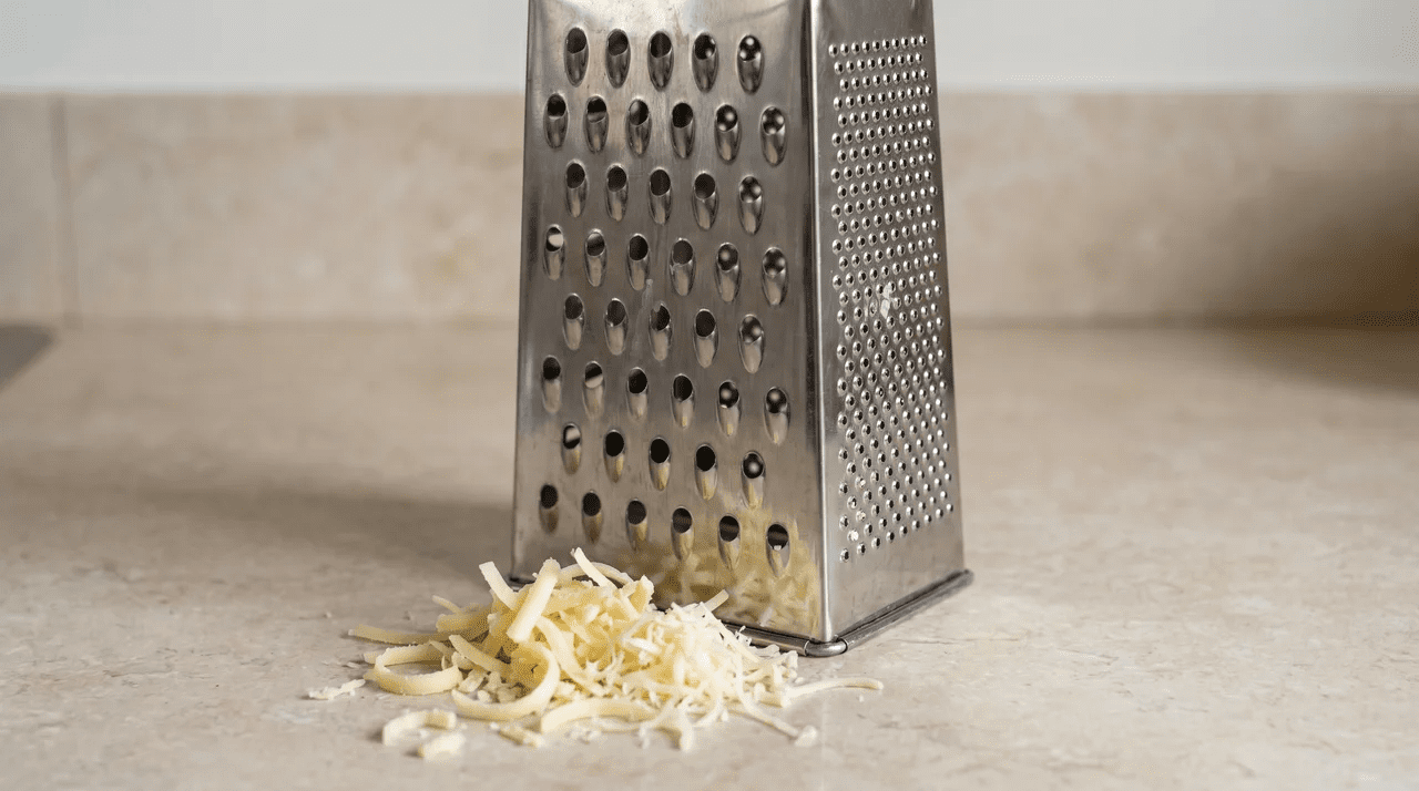 Four-sided stainless steel box grater showing coarse and fine grating faces on adjacent sides, with cheese shreds at base

