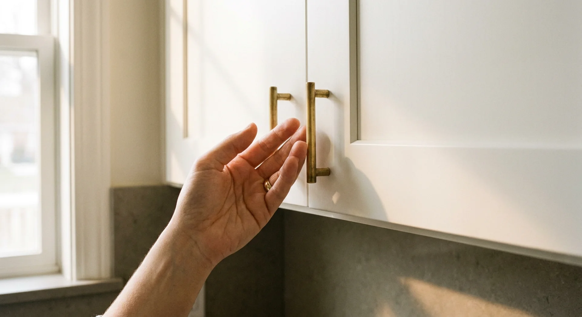 Brass bar pulls and round knobs on white shaker kitchen cabinets in warm morning light
