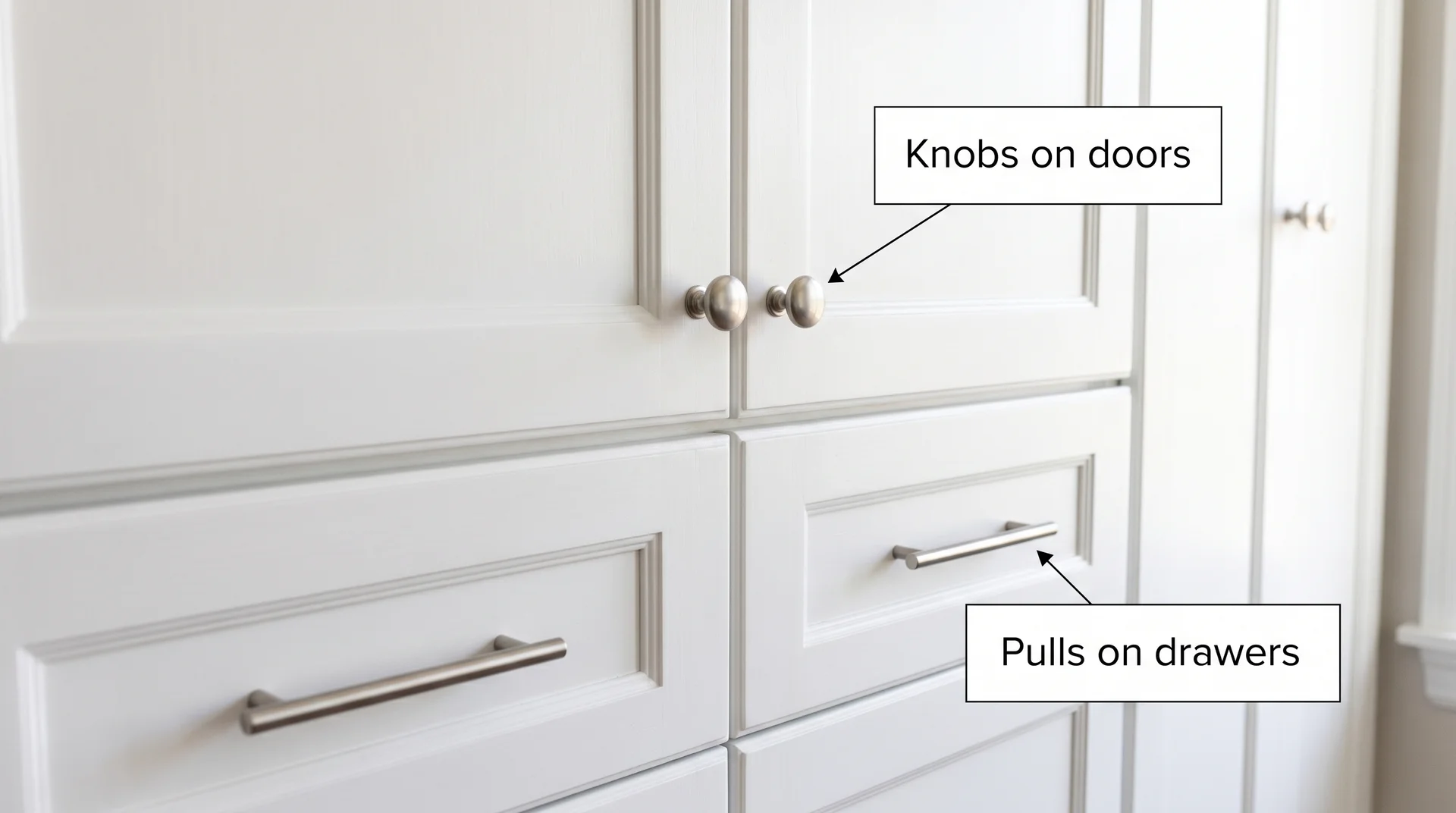 Brushed nickel knobs on white upper cabinet doors and matching bar pulls on lower drawers 