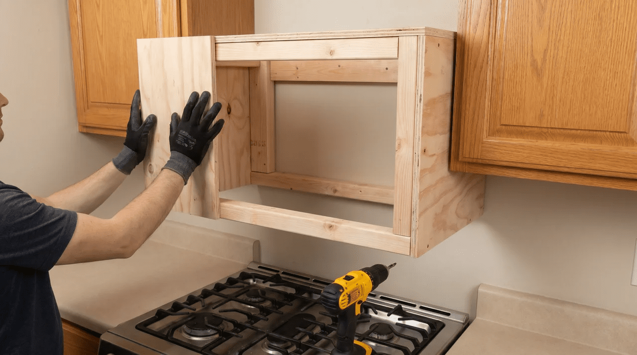 Hands pressing plywood onto 2×4 range hood frame above gas range; bottom open, drill on cooktop
