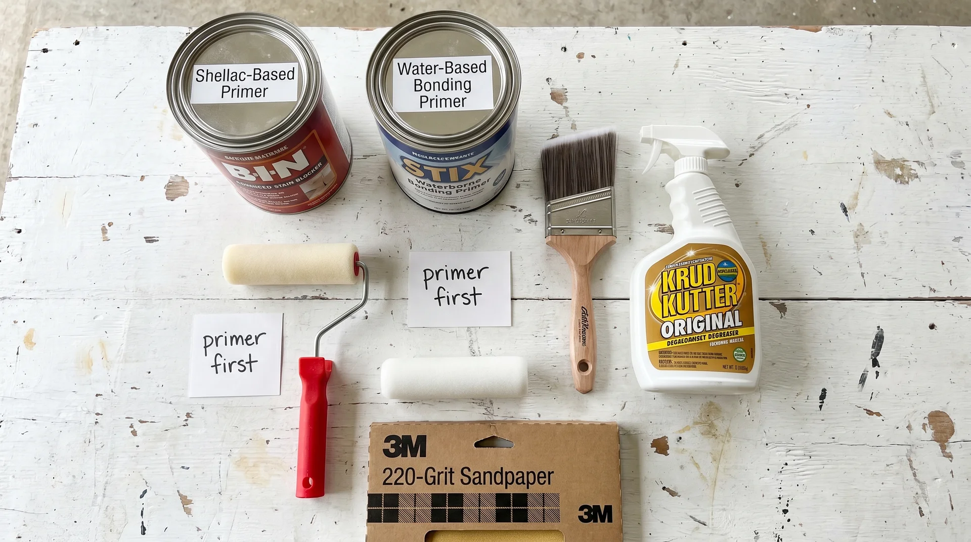Cabinet painting supplies arranged on workbench — primers, foam roller, brush, degreaser, and sandpaper
