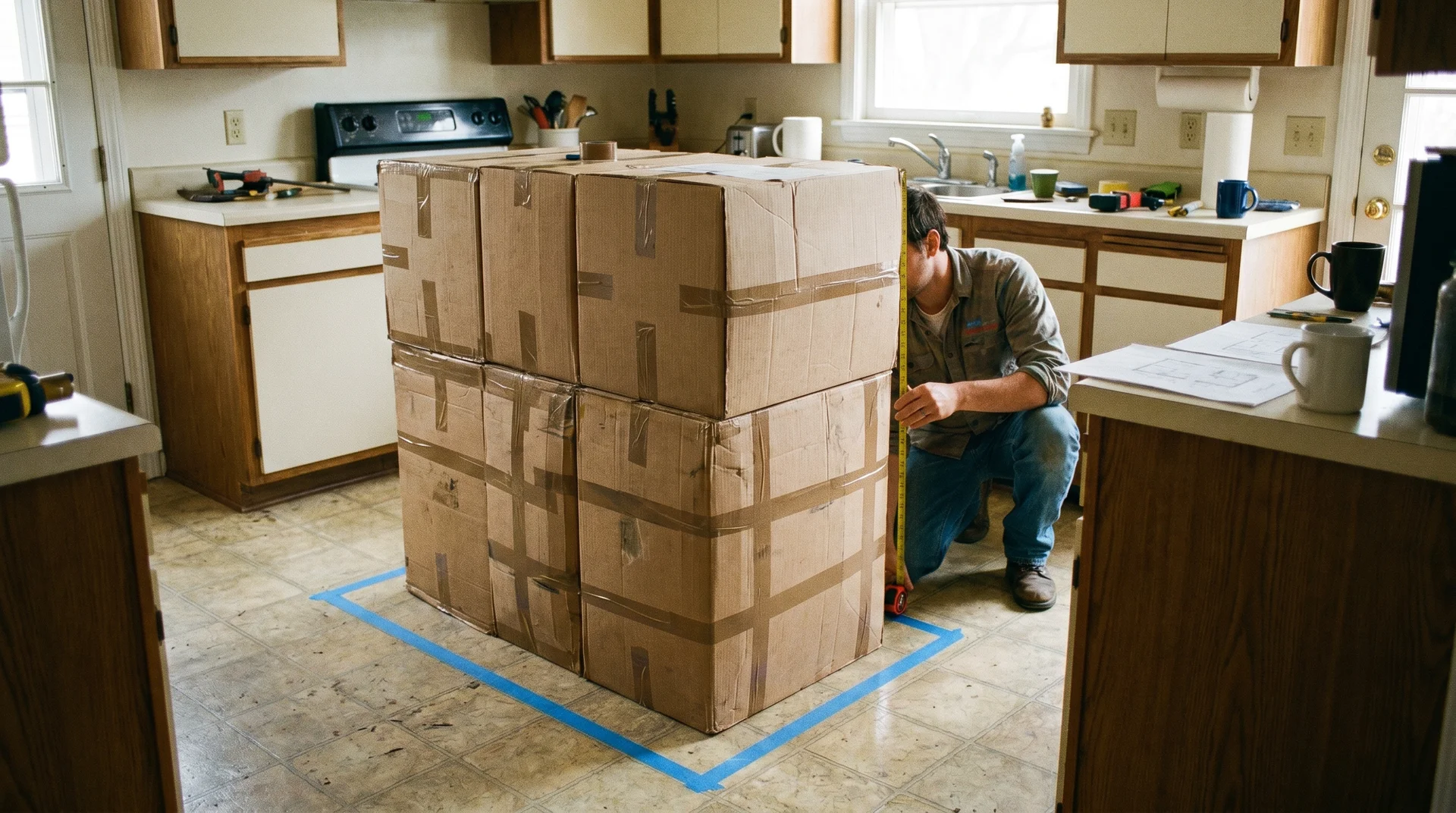 Cardboard box kitchen island mock-up with painter's tape footprint and clearance being measured 