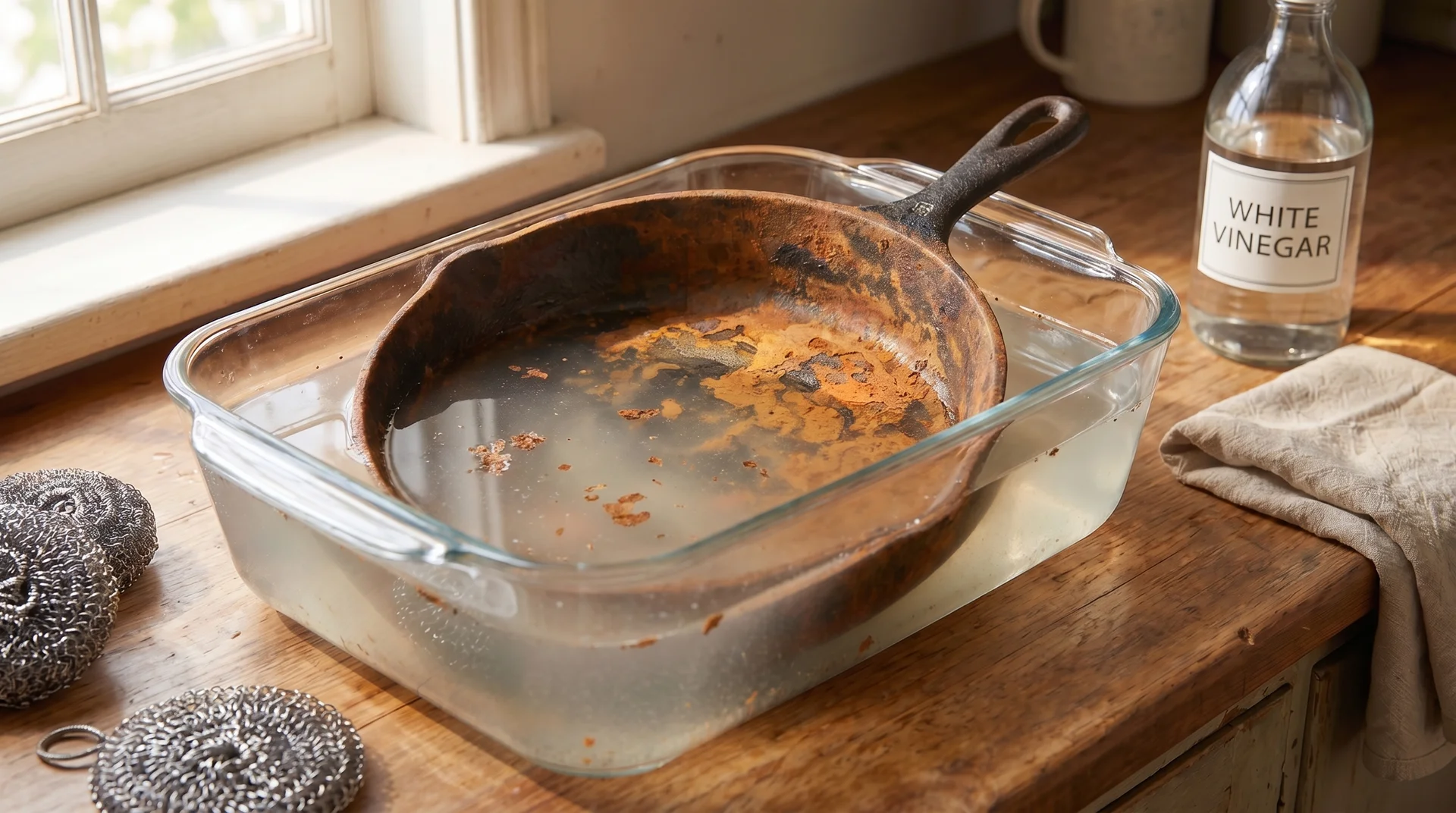 Cast iron skillet soaking in vinegar solution to remove rust