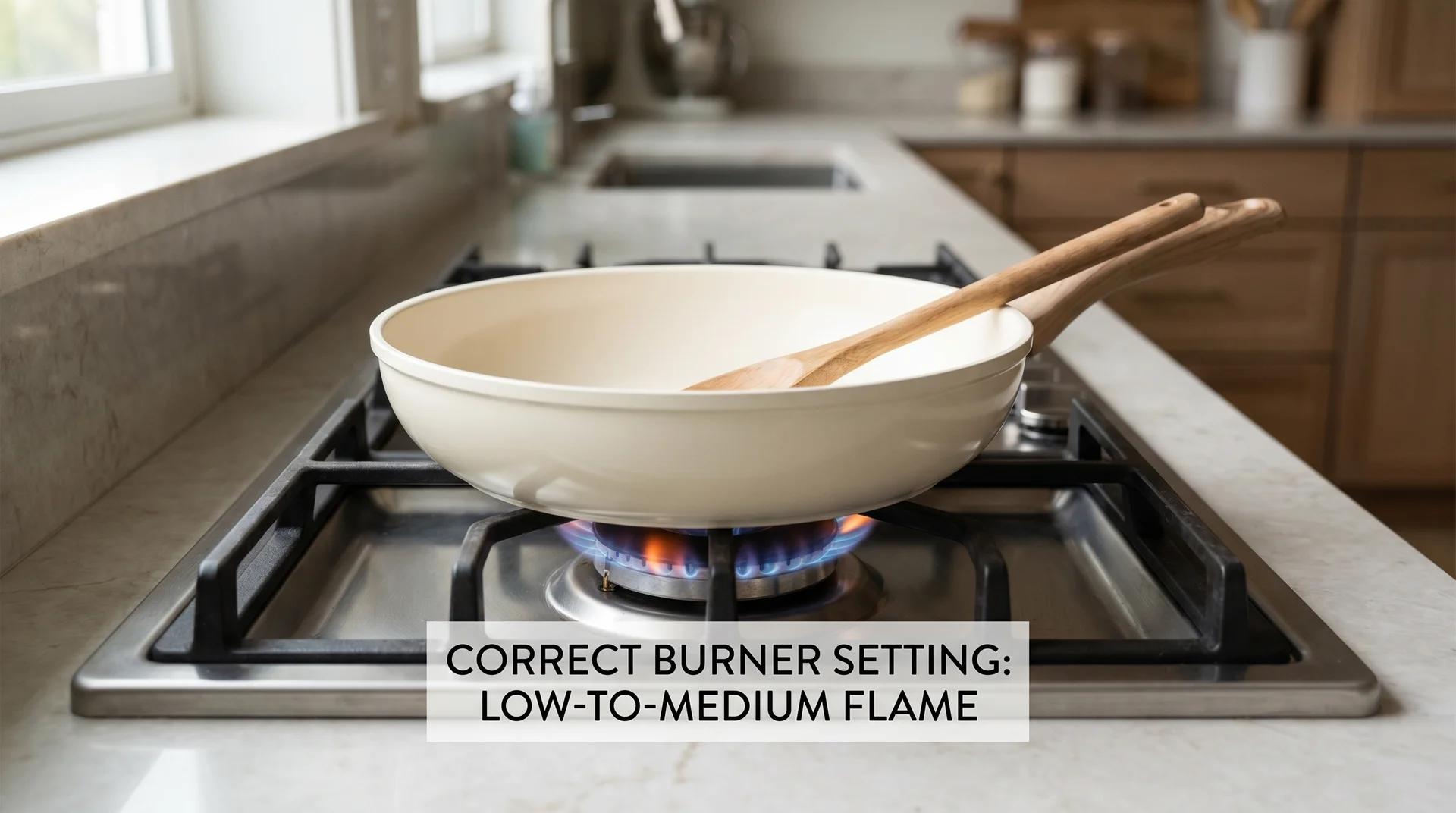 Ceramic-coated pan on gas burner at medium heat, correct temperature for ceramic cookware
