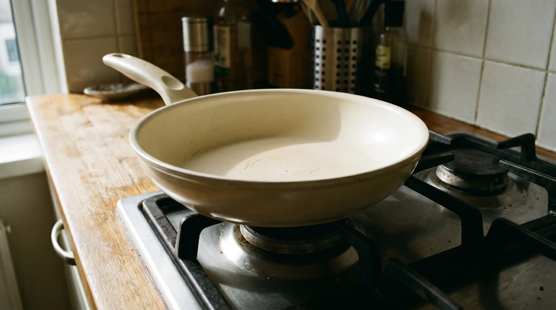 Ceramic-coated skillet on a home gas burner, intact coating, natural light