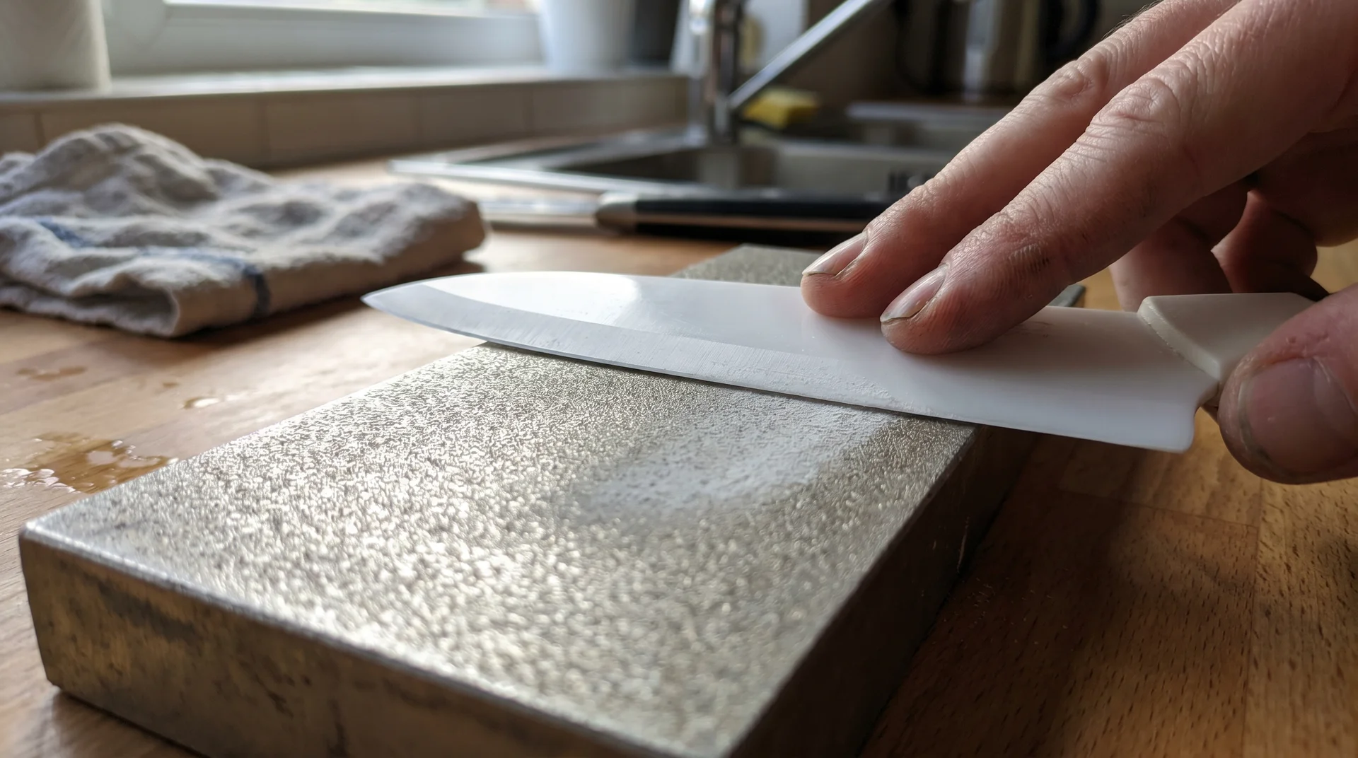 Ceramic knife held at a 15-degree angle on a diamond sharpening stone, fingertips on the flat of the blade