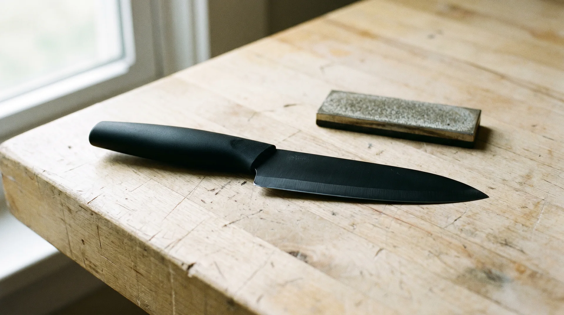 Ceramic knife resting beside a diamond sharpening stone on a wood surface