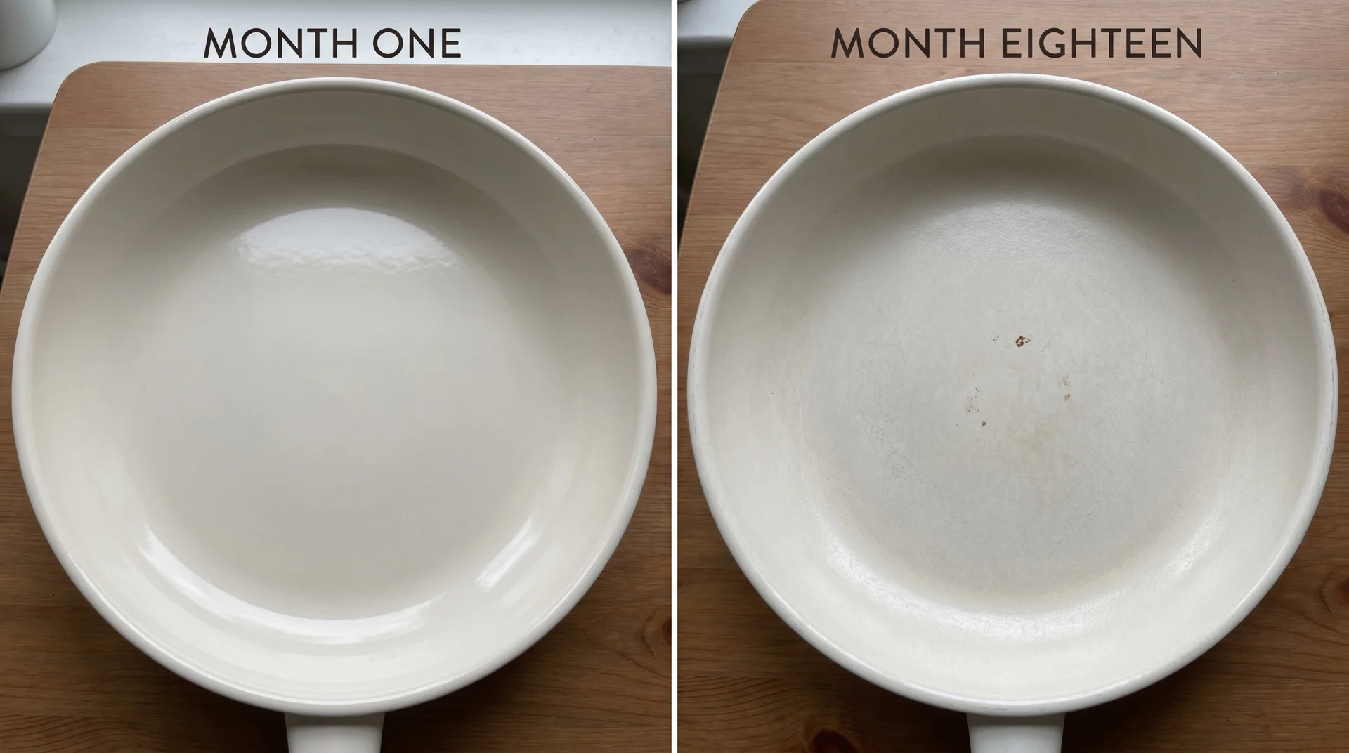 Ceramic pan coating comparison showing intact surface at purchase versus degraded surface after extended use
