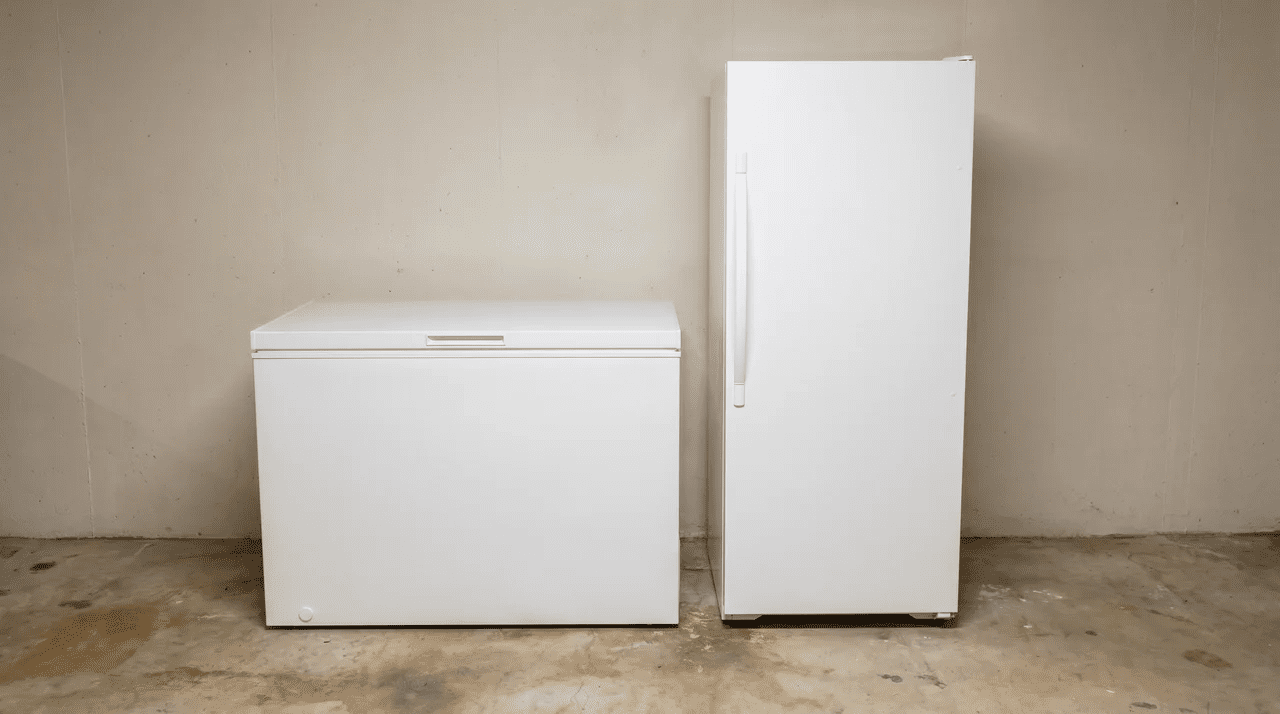 Chest freezer and upright freezer standing side by side on a concrete floor against a plain wall