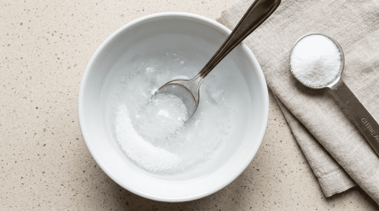 Citric acid granules dissolving in a small bowl of hot water with a spoon mid-stir and a measuring spoon beside it
