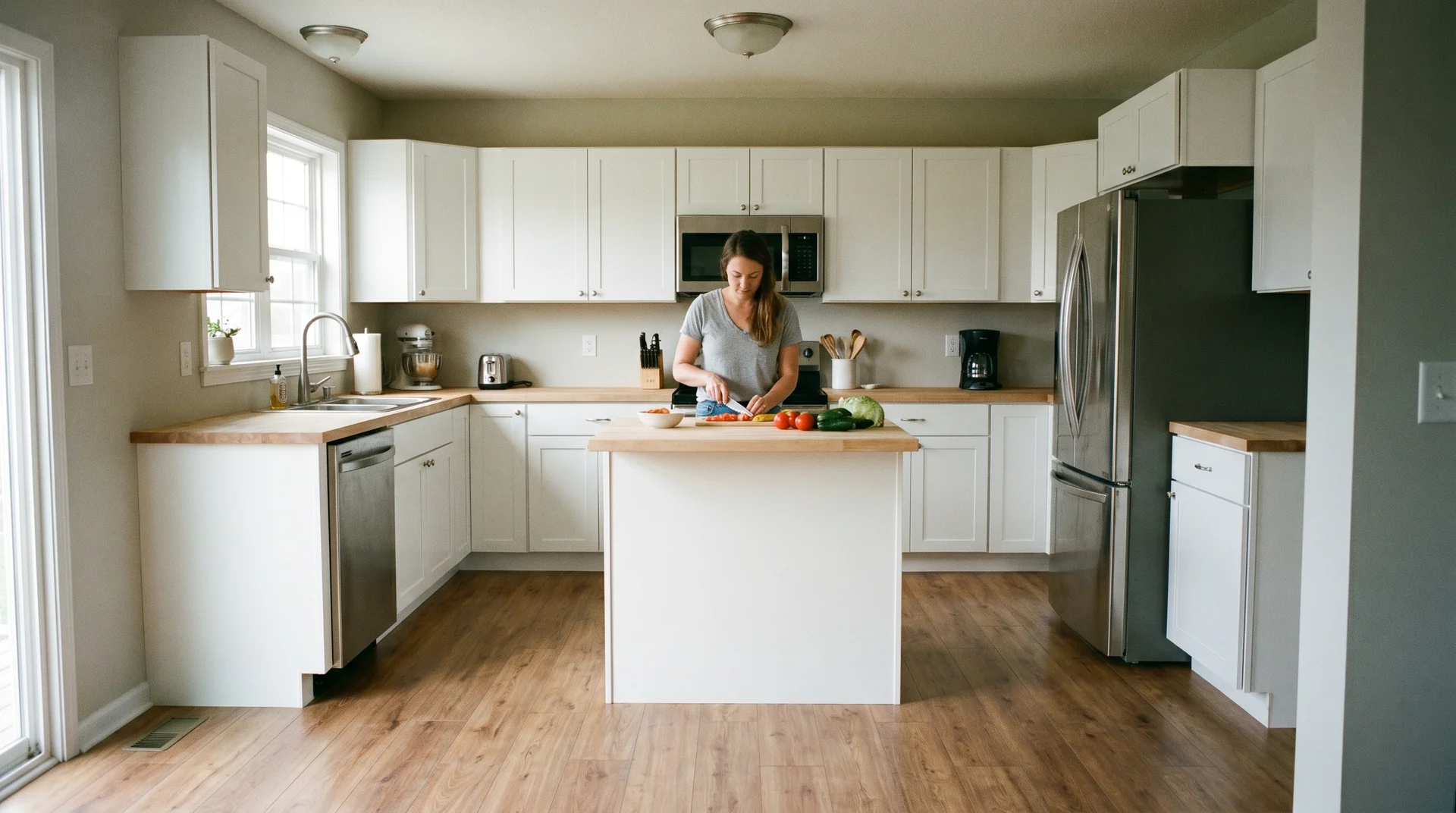 Clean L-shaped kitchen with a properly sized island and visible clearance on all sides