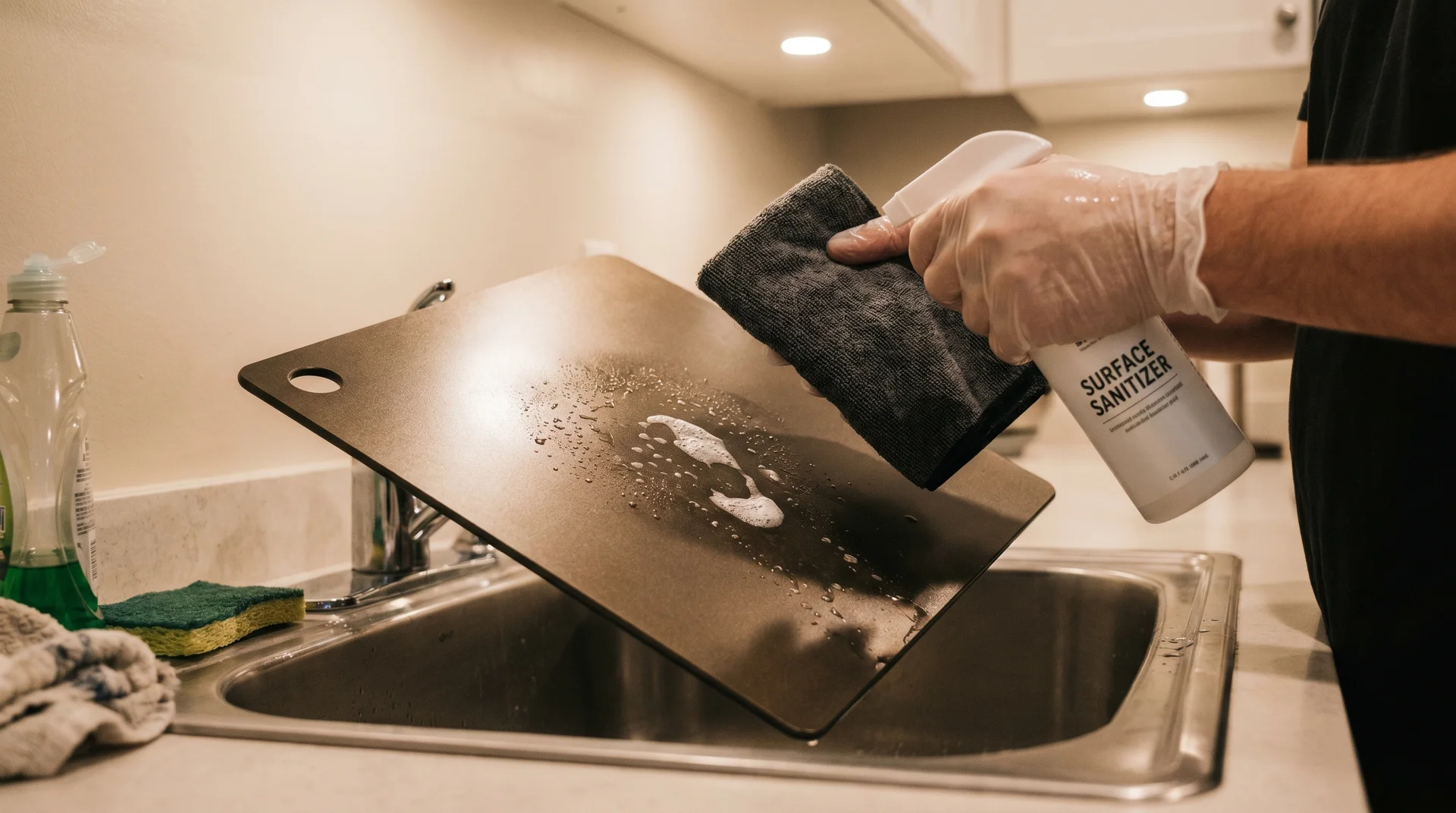Cleaning a titanium-coated cutting board after protein prep