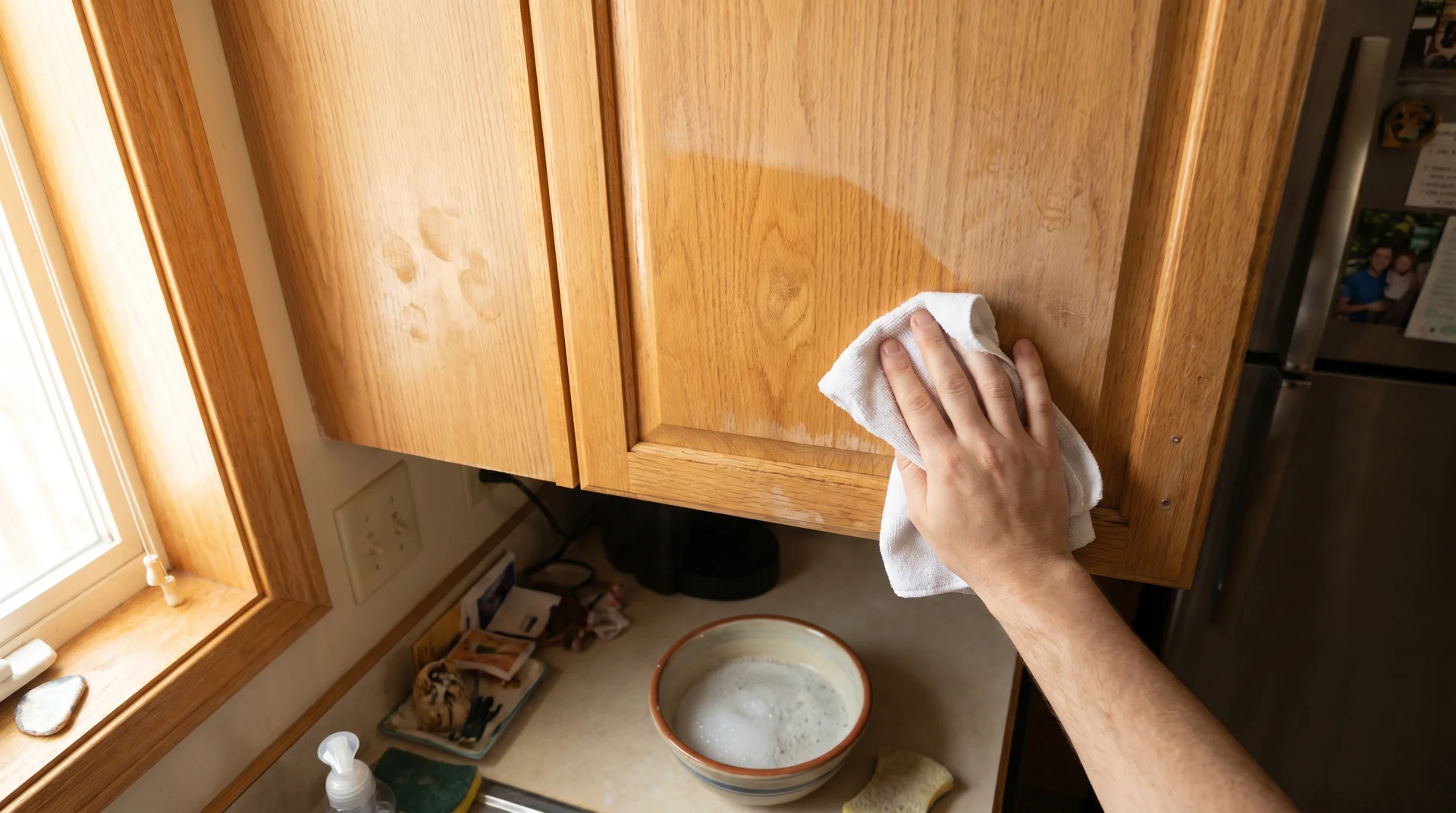 Cleaning kitchen cabinet with microfiber cloth and dish soap to preserve the finish