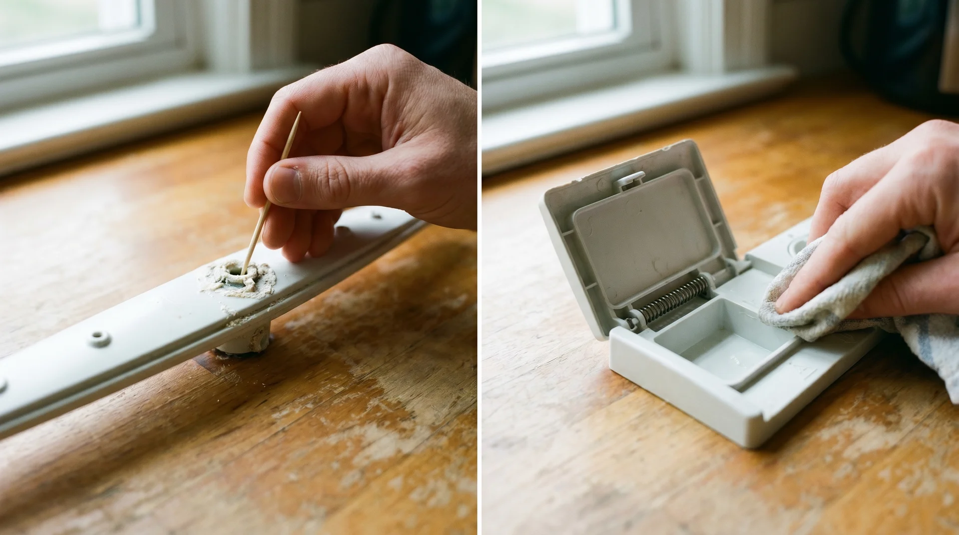 Clearing a blocked dishwasher spray arm hole and wiping the detergent dispenser with a cloth