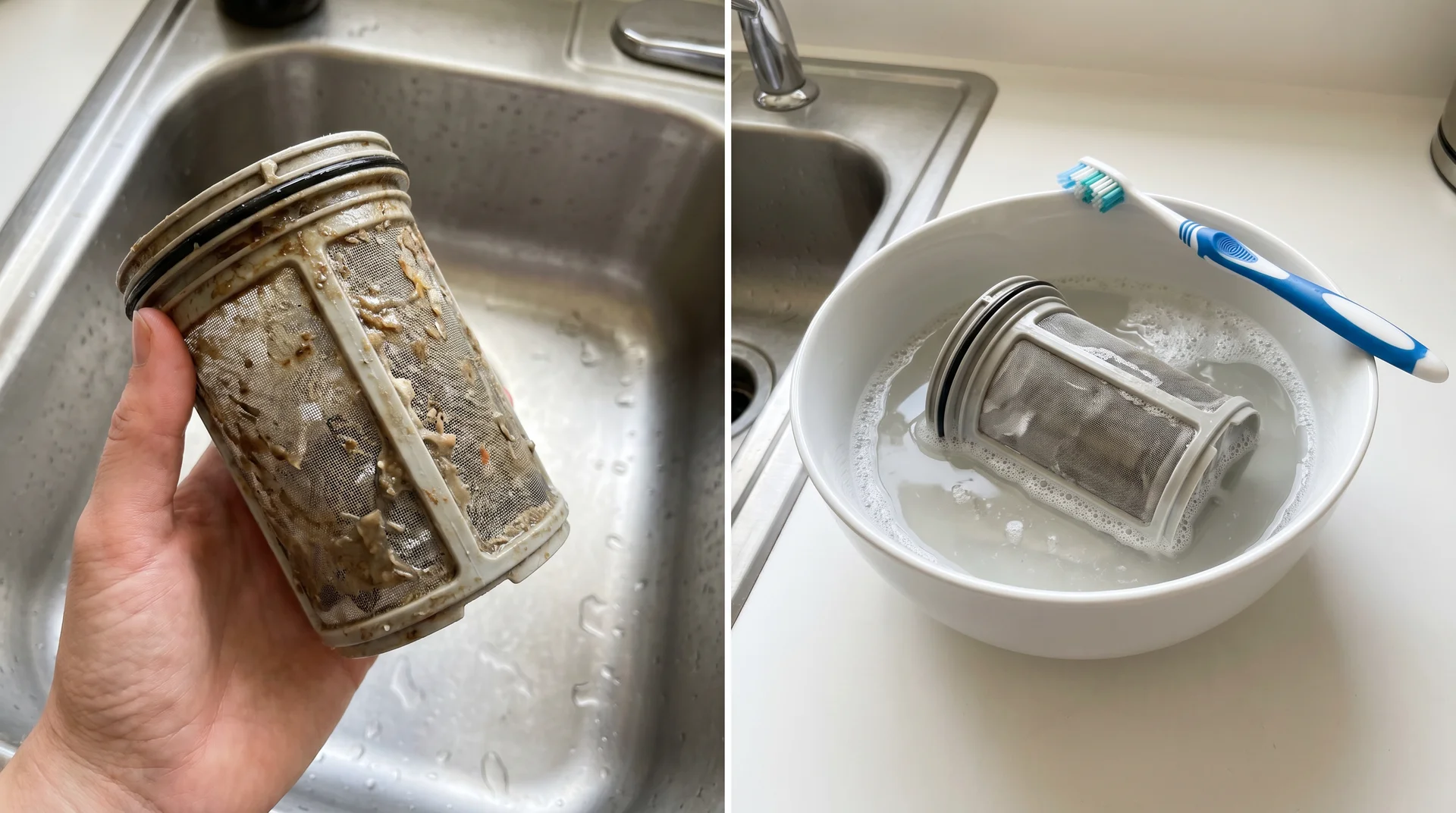 Clogged dishwasher filter removed from tub (left) and soaking in warm soapy water with a brush (right)
