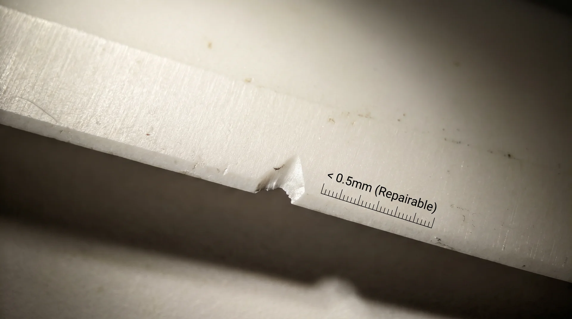 Close-up of chipped ceramic knife edge showing visible notch damage