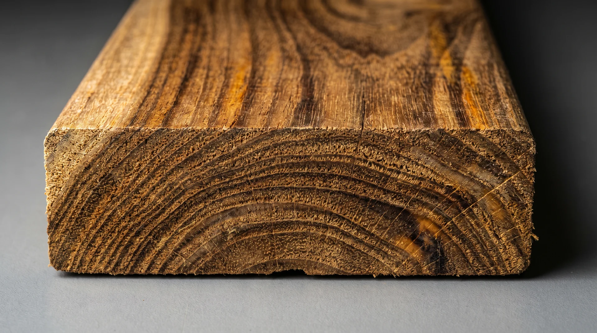 Close-up of teak wood grain showing density and natural oil-rich fiber structure