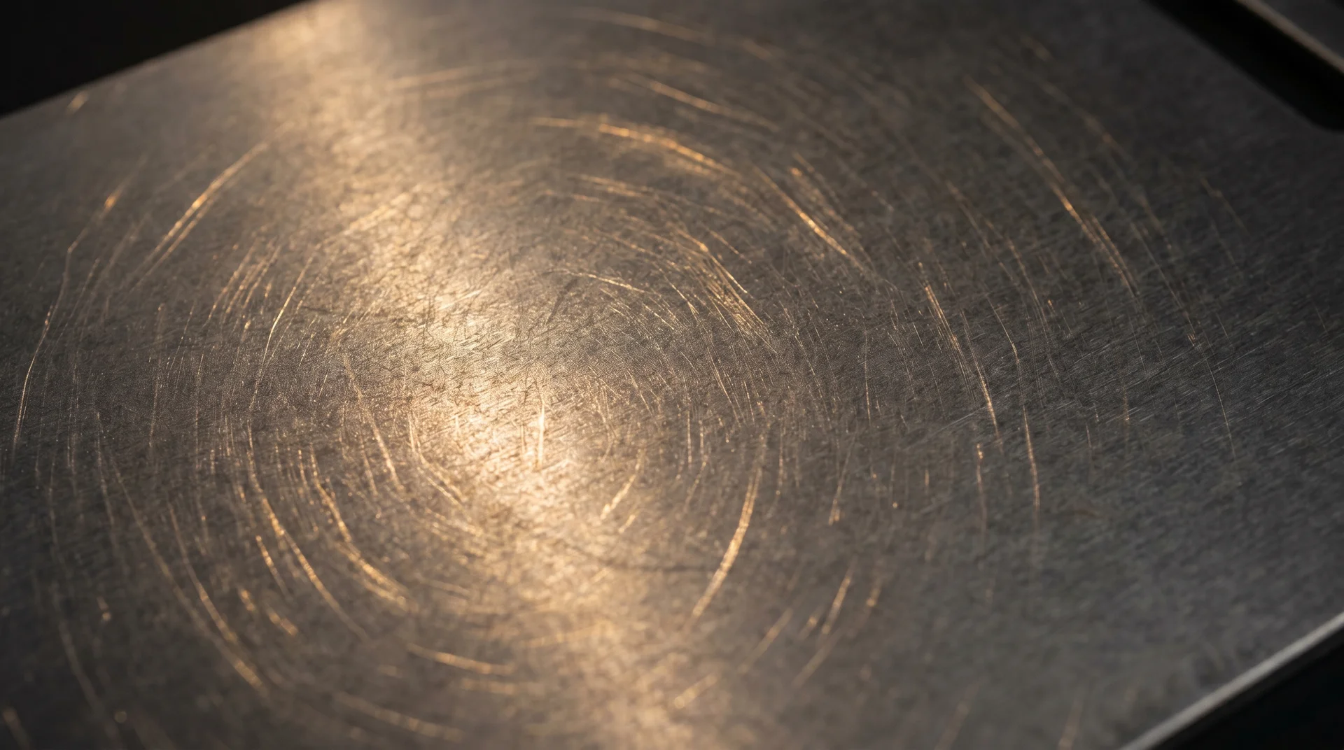 Close-up of titanium cutting board surface showing light scratches on titanium nitride coating

