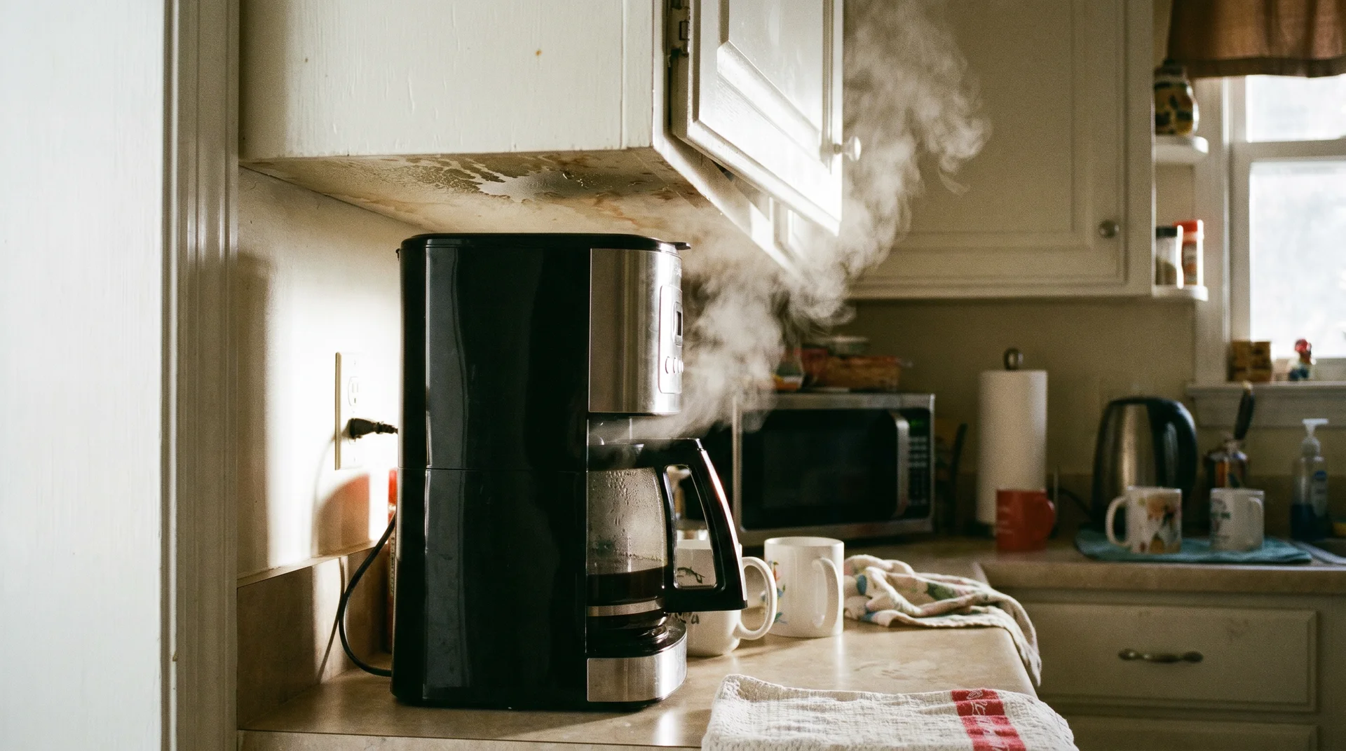 Coffee maker on kitchen counter with upper cabinet directly above showing tight overhead clearance
