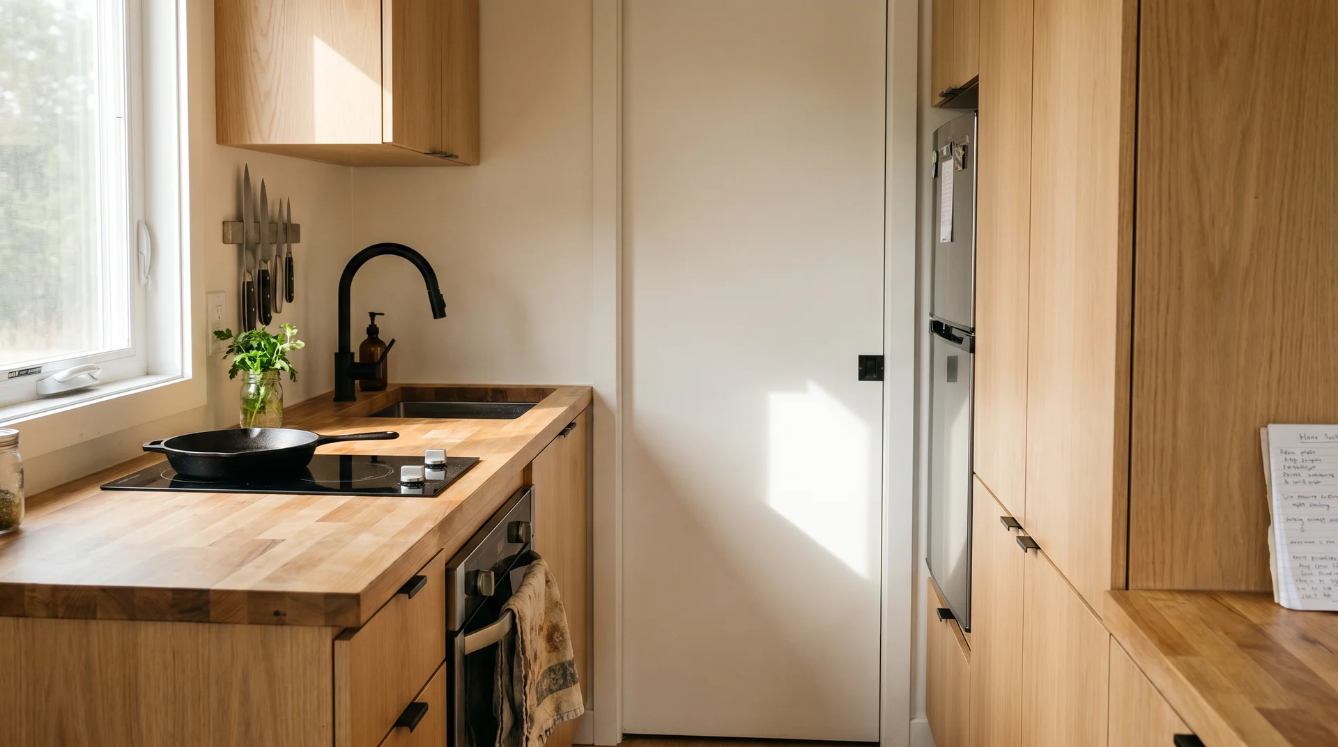 Compact galley tiny house kitchen with butcher block counter, induction cooktop, and morning window light