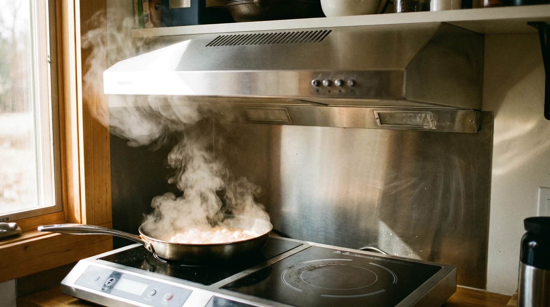 Compact recirculating range hood above a two-burner induction cooktop with visible cooking steam in a tiny house kitchen
