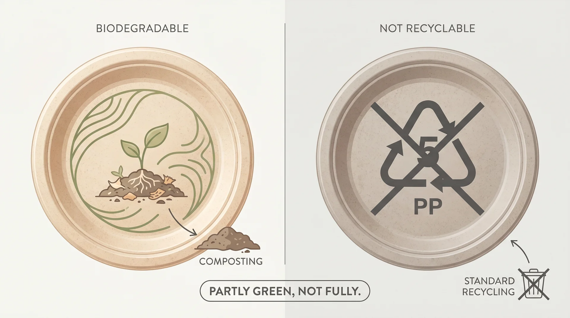 Comparison graphic showing wheat straw dinnerware environmental benefits and PP recycling limitations
