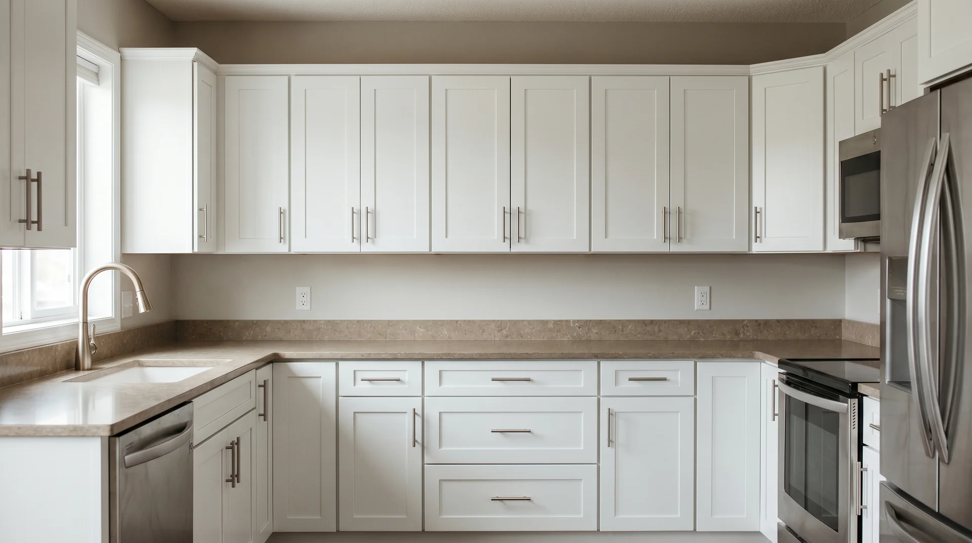 Consistent brushed satin nickel bar pulls throughout a white shaker kitchen showing hardware that coordinates without competing 