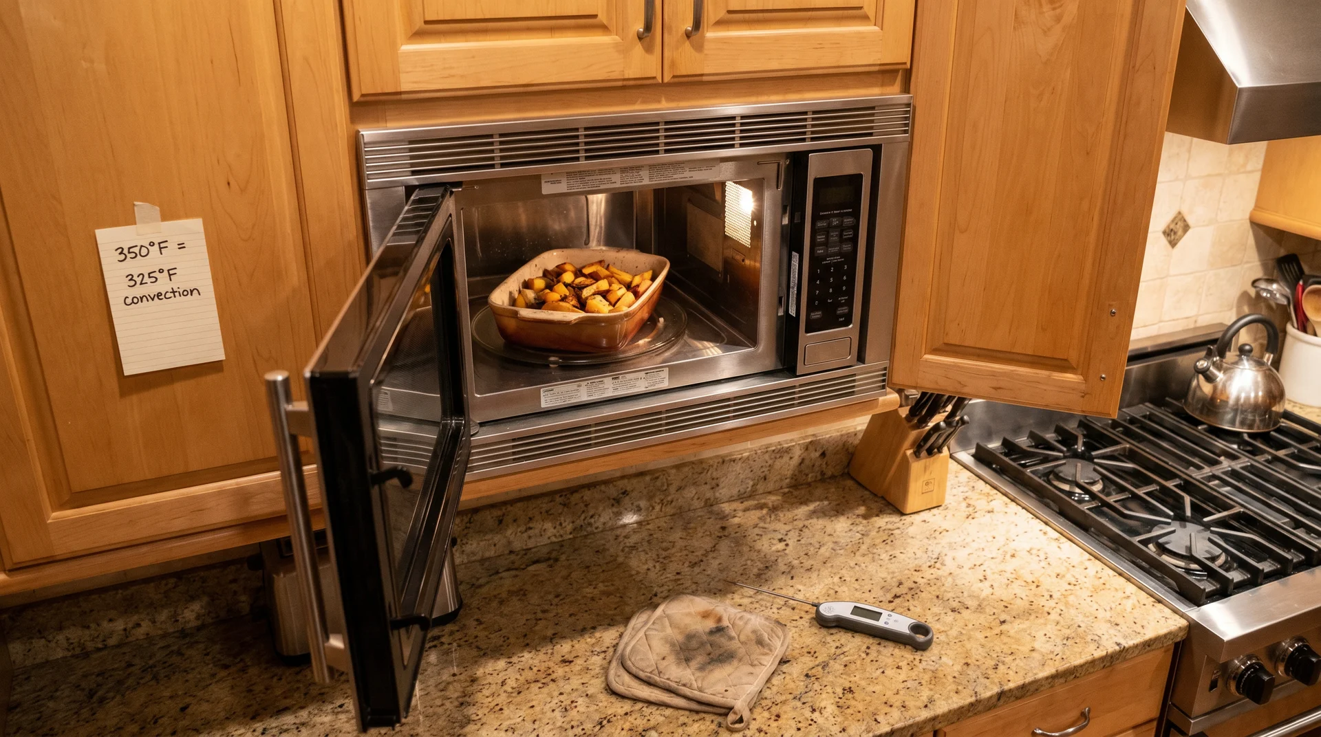Convection microwave built into upper cabinet with roasted vegetables inside and handwritten temperature adjustment note visible
