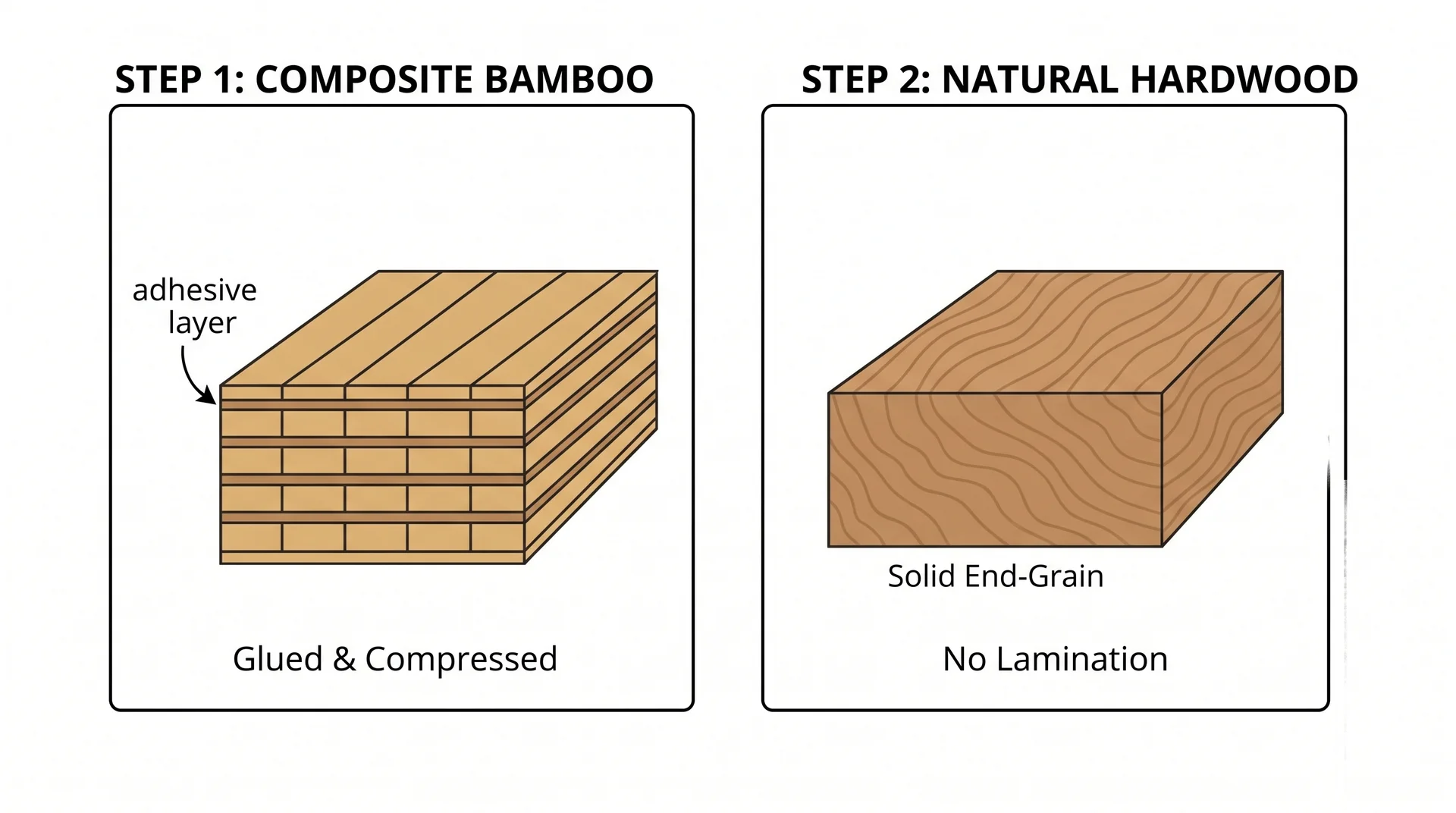 Cross-section diagram comparing bamboo board adhesive layers with solid hardwood end-grain