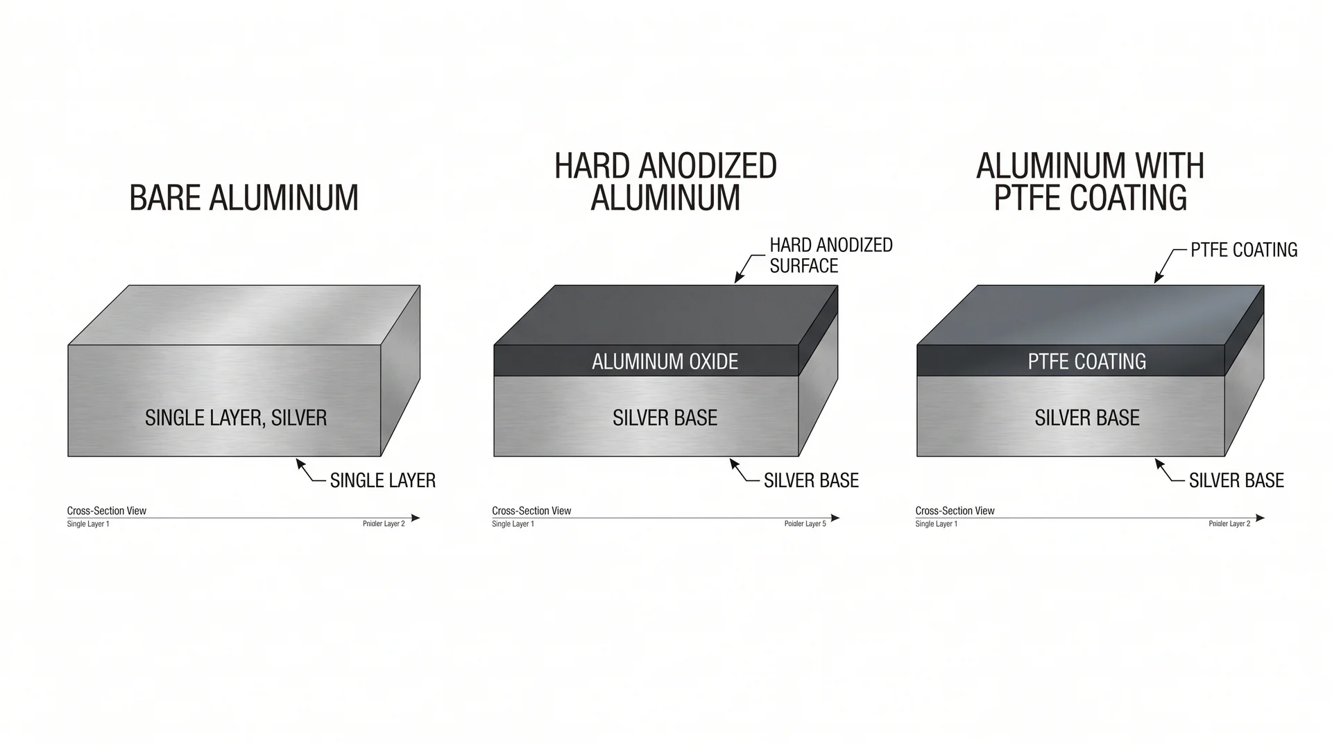 Cross-section diagram comparing bare aluminum, hard anodized, and PTFE-coated aluminum pan walls
