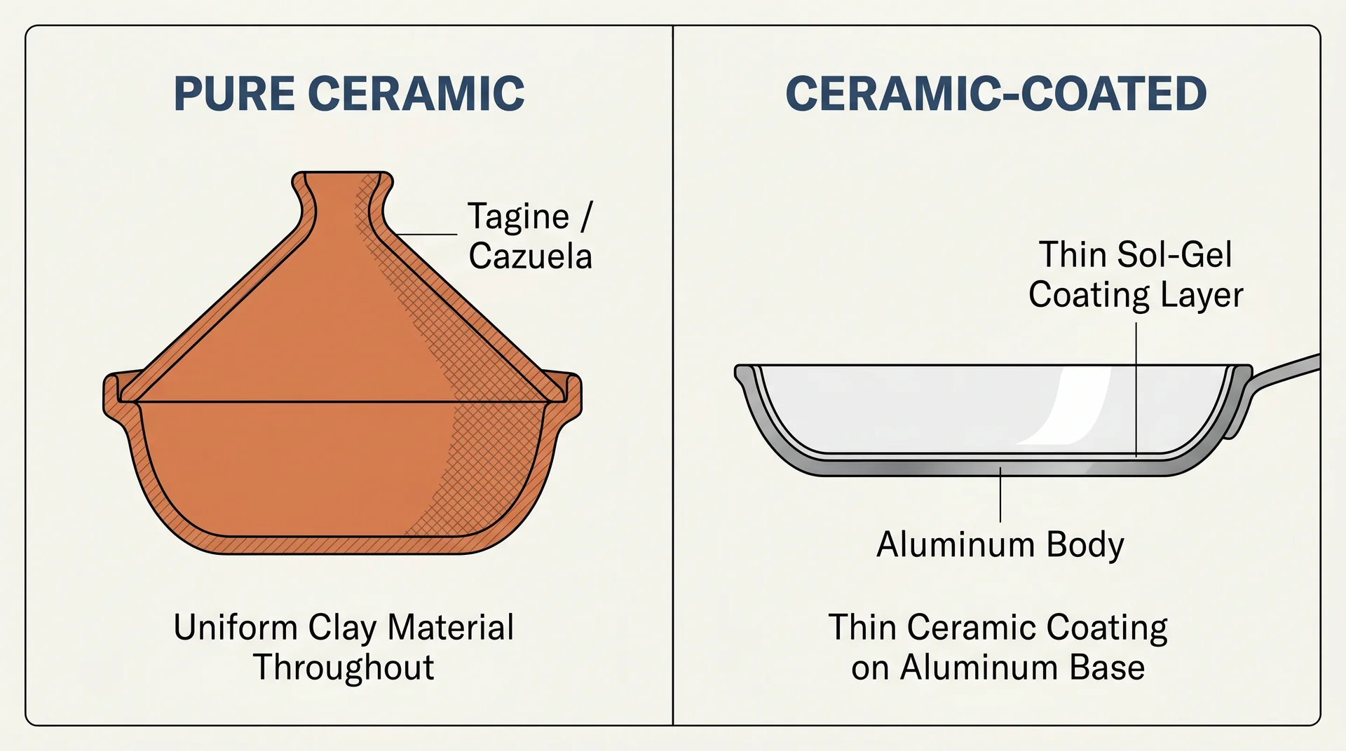 Cross-section diagram comparing pure ceramic cookware and ceramic-coated aluminum pan construction
