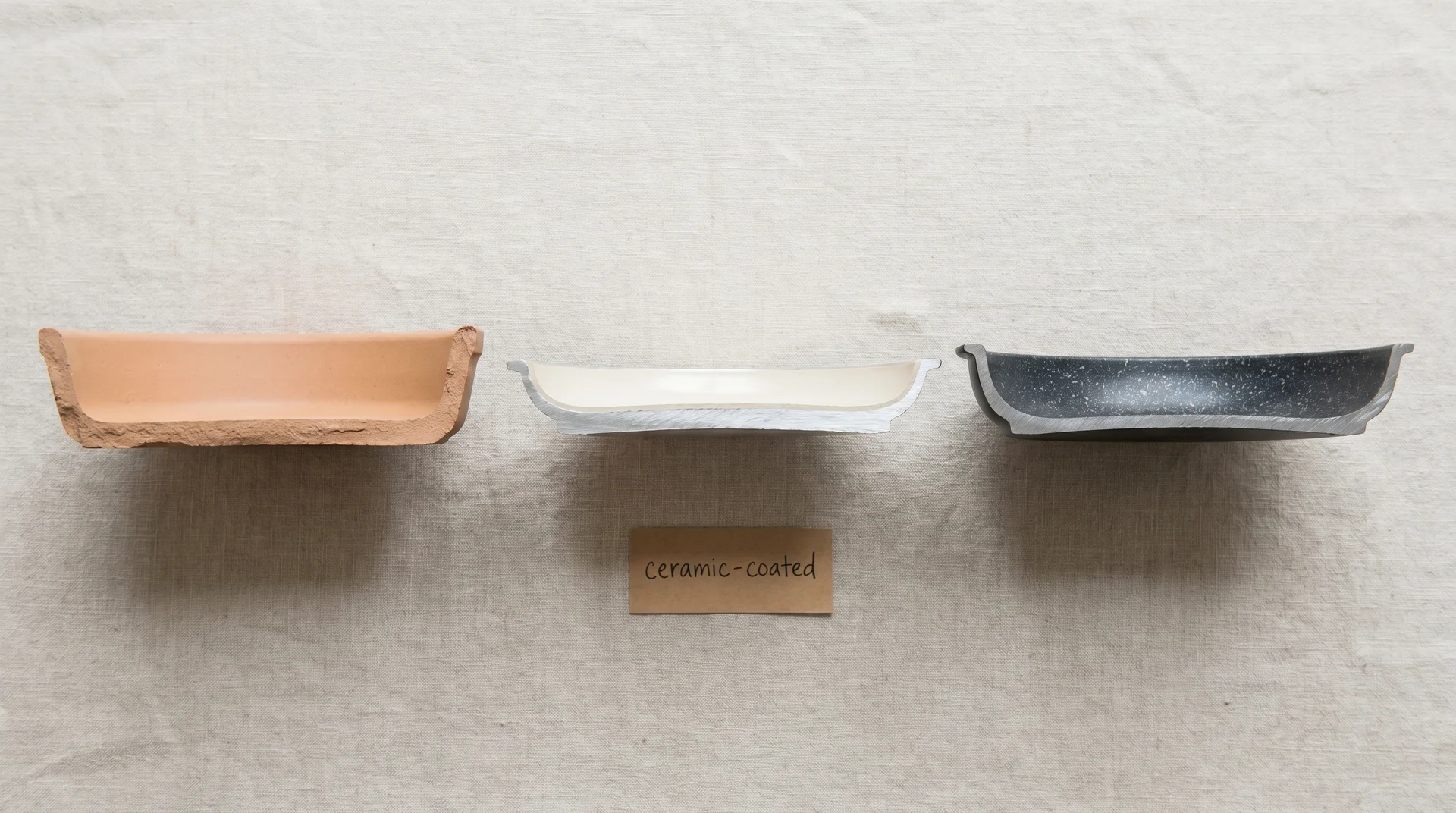 Cross-section diagram of pure ceramic versus ceramic-coated pan construction showing layer differences
