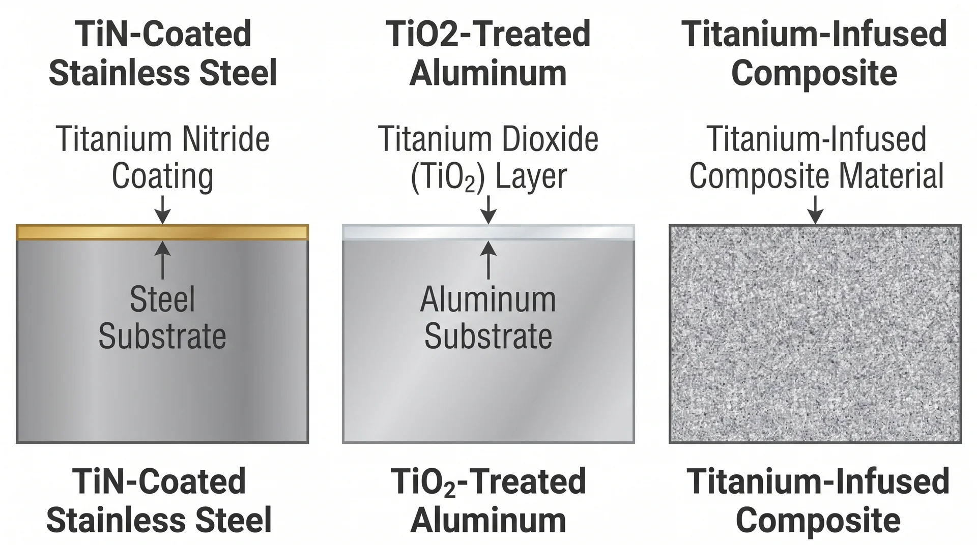Cross-section diagram showing three titanium cutting board constructions and their substrate materials
